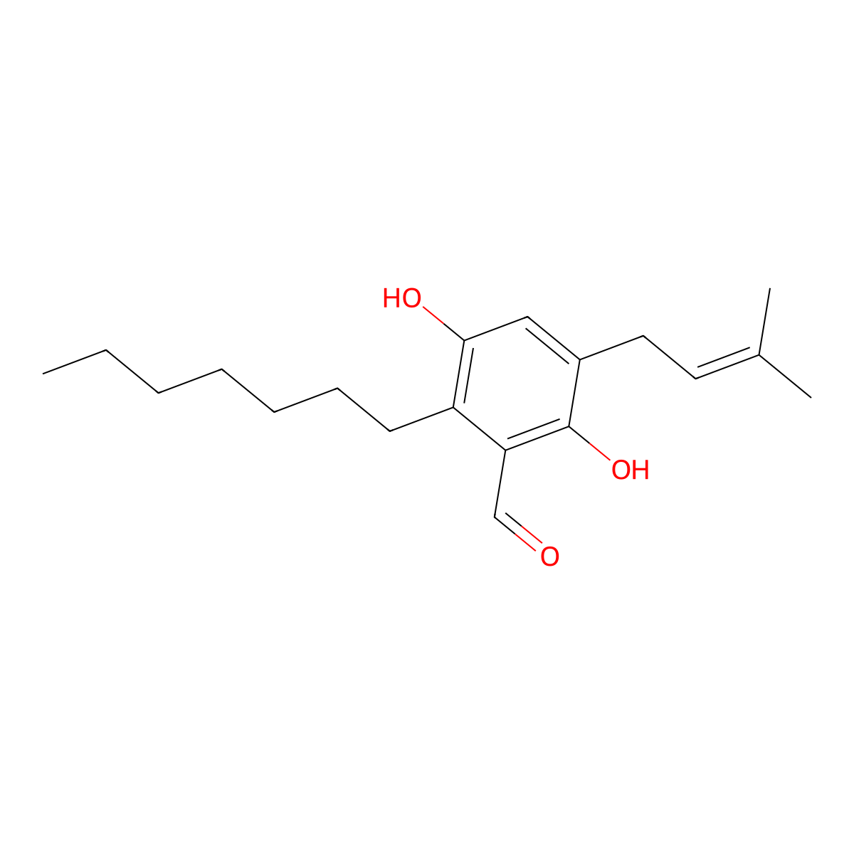 2-Heptyl-3,6-dihydroxy-5-(3-methyl-2-buten-1-yl)benzaldehyde molecular structure, CAS 523-73-9