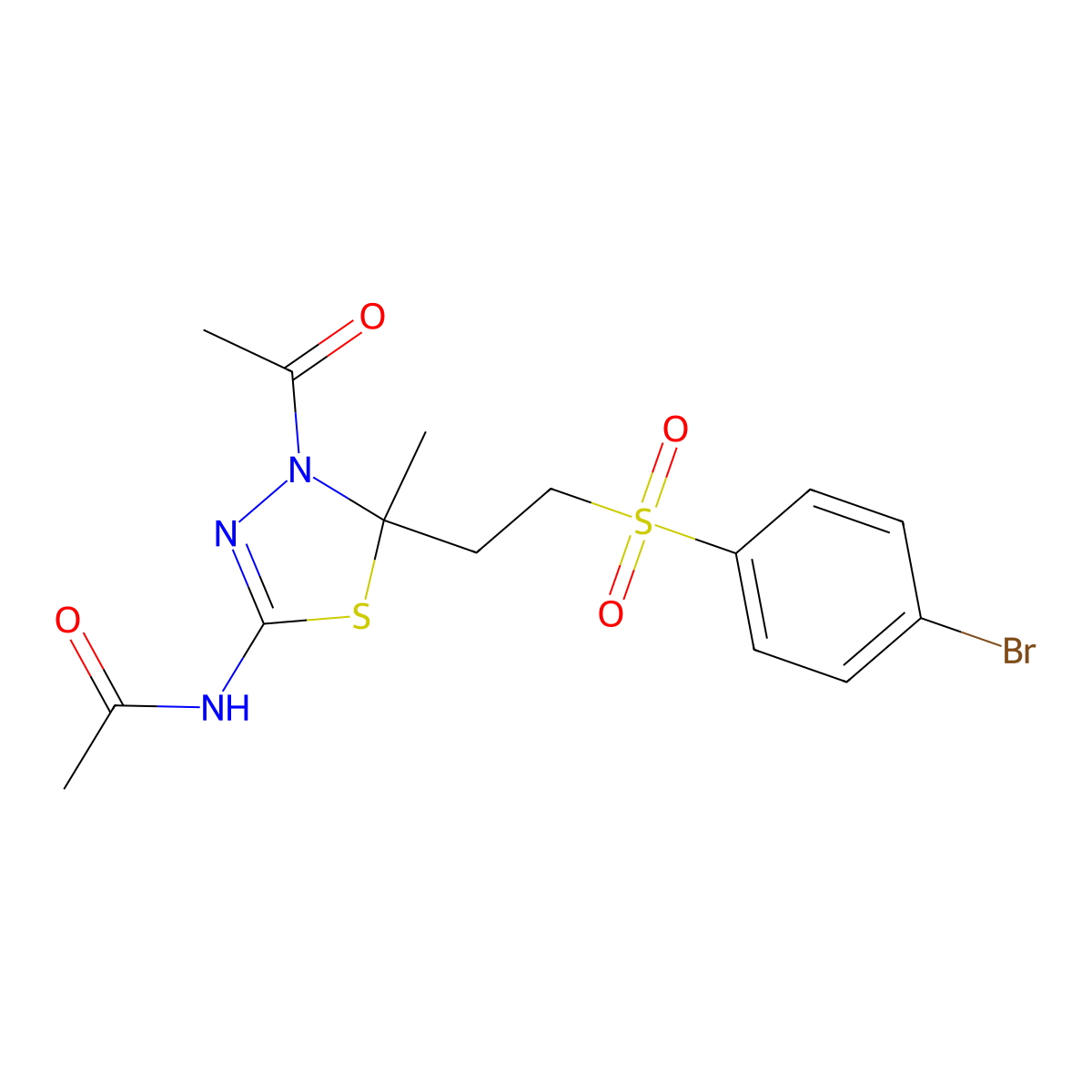 N-[4-acetyl-5-[2-(4-bromophenyl)sulfonylethyl]-5-methyl-1,3,4-thiadiazol-2-yl]acetamide molecular structure, CAS 5230-10-4