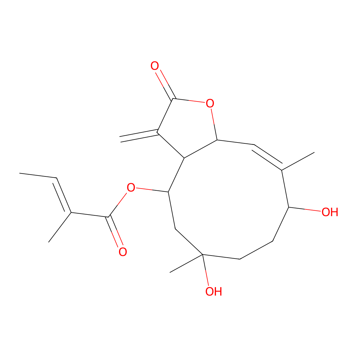 (6,9-dihydroxy-6,10-dimethyl-3-methylidene-2-oxo-4,5,7,8,9,11a-hexahydro-3aH-cyclodeca[b]furan-4-yl) 2-methylbut-2-enoate molecular structure, CAS 5235-22-3