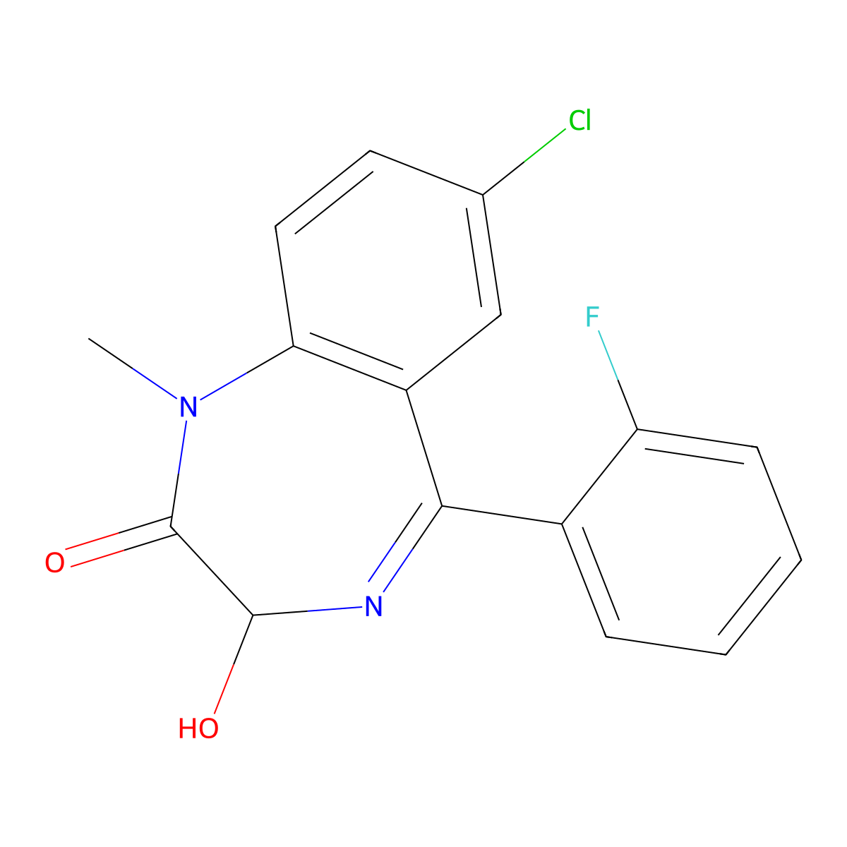 7-Chloro-1,3-dihydro-1-methyl-3-hydroxy-5-(2-fluorophenyl)-2H-1,4-benzodiazepin-2-one molecular structure, CAS 52391-89-6