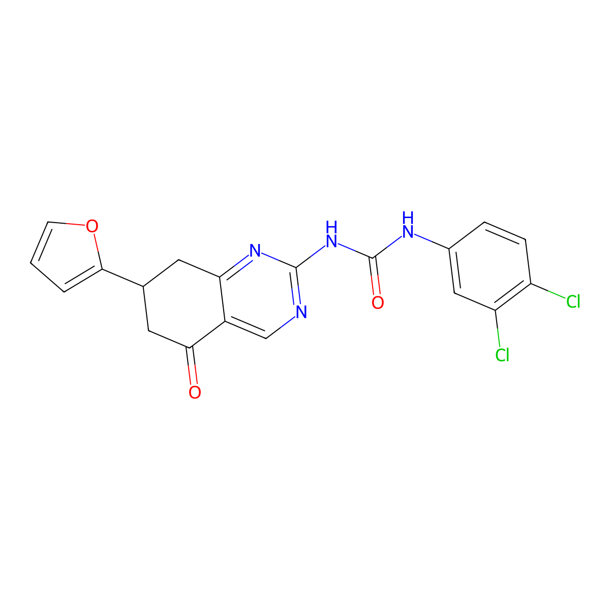1-(3,4-Dichlorophenyl)-3-[7-(furan-2-yl)-5-oxo-5,6,7,8-tetrahydroquinazolin-2-yl]urea molecular structure, CAS 523990-61-6