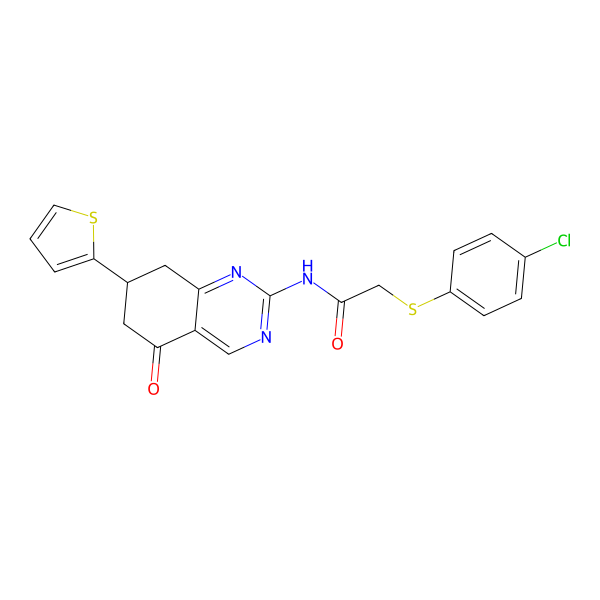2-(4-chlorophenyl)sulfanyl-N-(5-oxo-7-thiophen-2-yl-7,8-dihydro-6H-quinazolin-2-yl)acetamide molecular structure, CAS 523990-66-1
