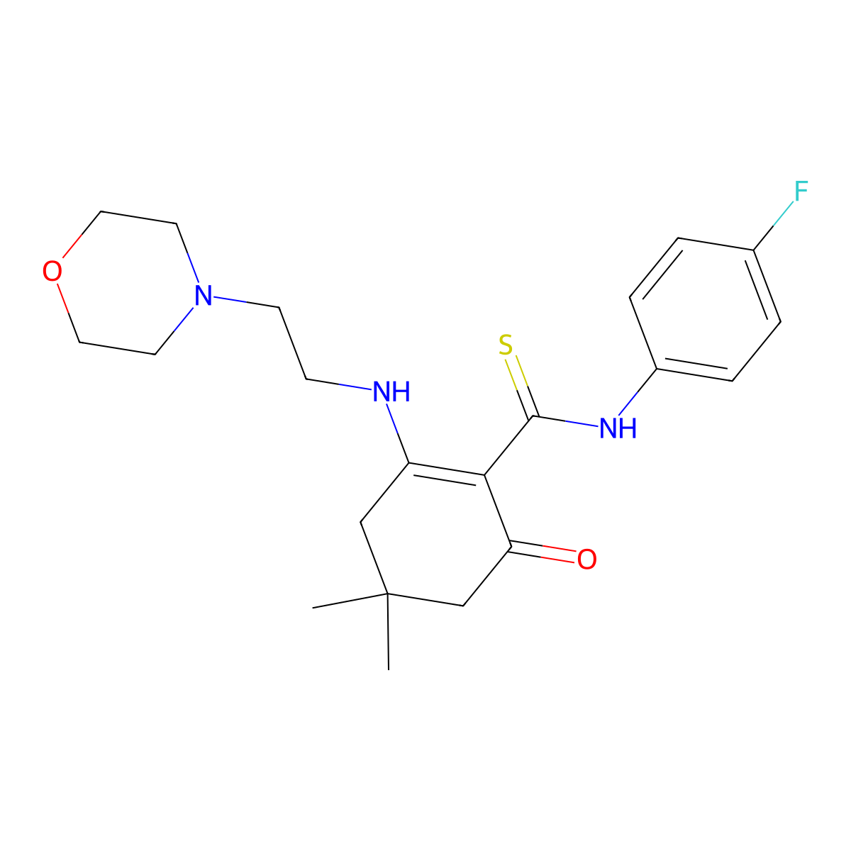 N-(4-fluorophenyl)-4,4-dimethyl-2-{[2-(4-morpholinyl)ethyl]amino}-6-oxo-1-cyclohexene-1-carbothioamide molecular structure, CAS 523990-85-4