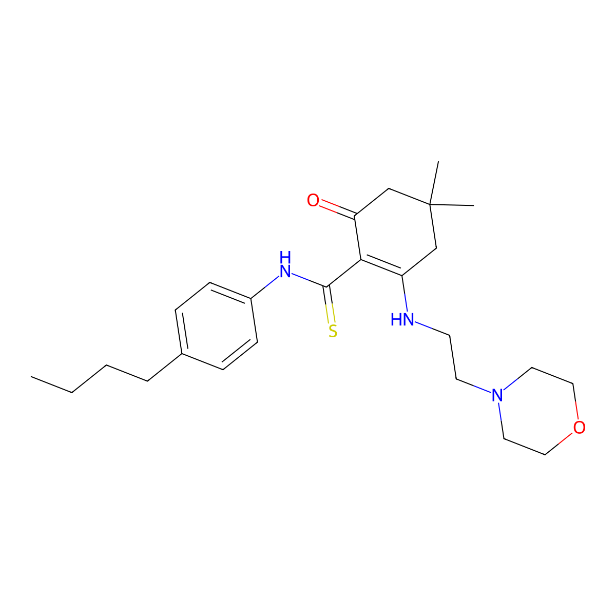 N-(4-butylphenyl)-4,4-dimethyl-2-(2-morpholin-4-ylethylamino)-6-oxocyclohexene-1-carbothioamide molecular structure, CAS 523990-86-5