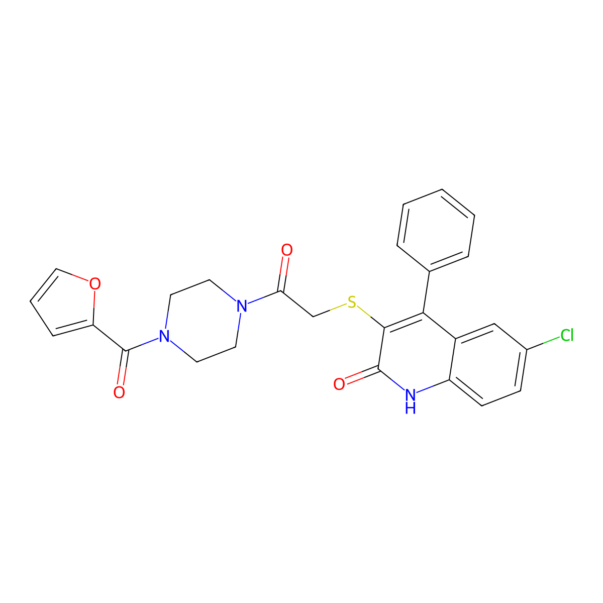 6-chloro-3-({2-[4-(2-furoyl)-1-piperazinyl]-2-oxoethyl}sulfanyl)-4-phenyl-2(1H)-quinolinone molecular structure, CAS 523990-94-5