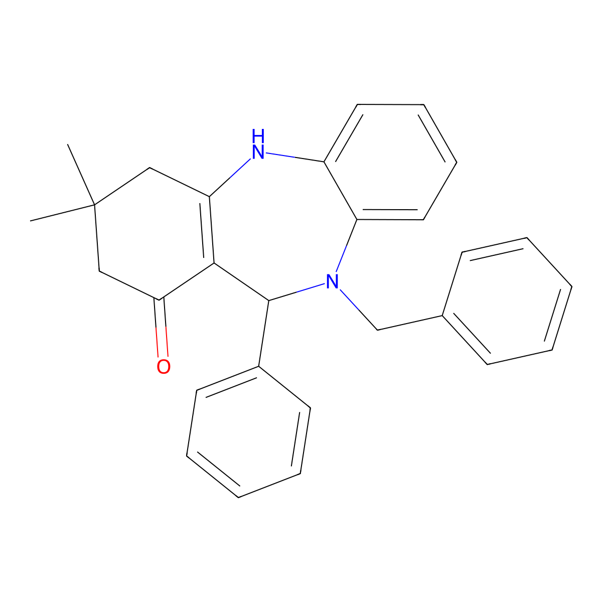 10-benzyl-3,3-dimethyl-11-phenyl-2,3,4,5,10,11-hexahydro-1H-dibenzo[b,e][1,4]diazepin-1-one molecular structure, CAS 523991-07-3