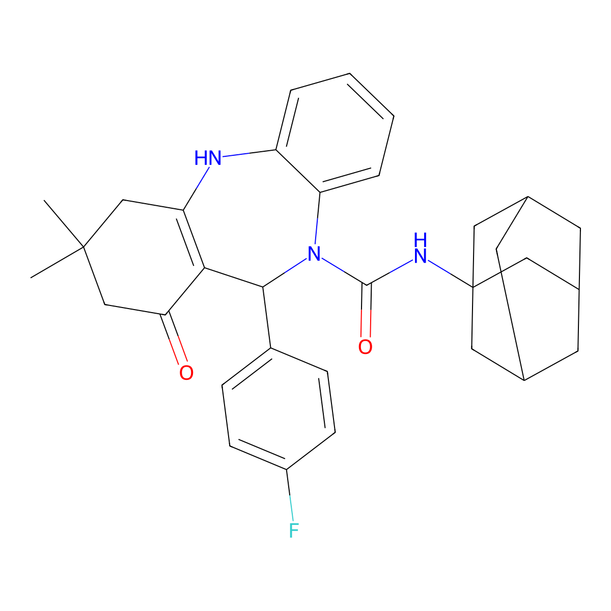 11-(4-fluorophenyl)-3,3-dimethyl-1-oxo-N-(tricyclo[3.3.1.1~3,7~]dec-1-yl)-1,2,3,4,5,11-hexahydro-10H-dibenzo[b,e][1,4]diazepine-10-carboxamide molecular structure, CAS 523991-10-8