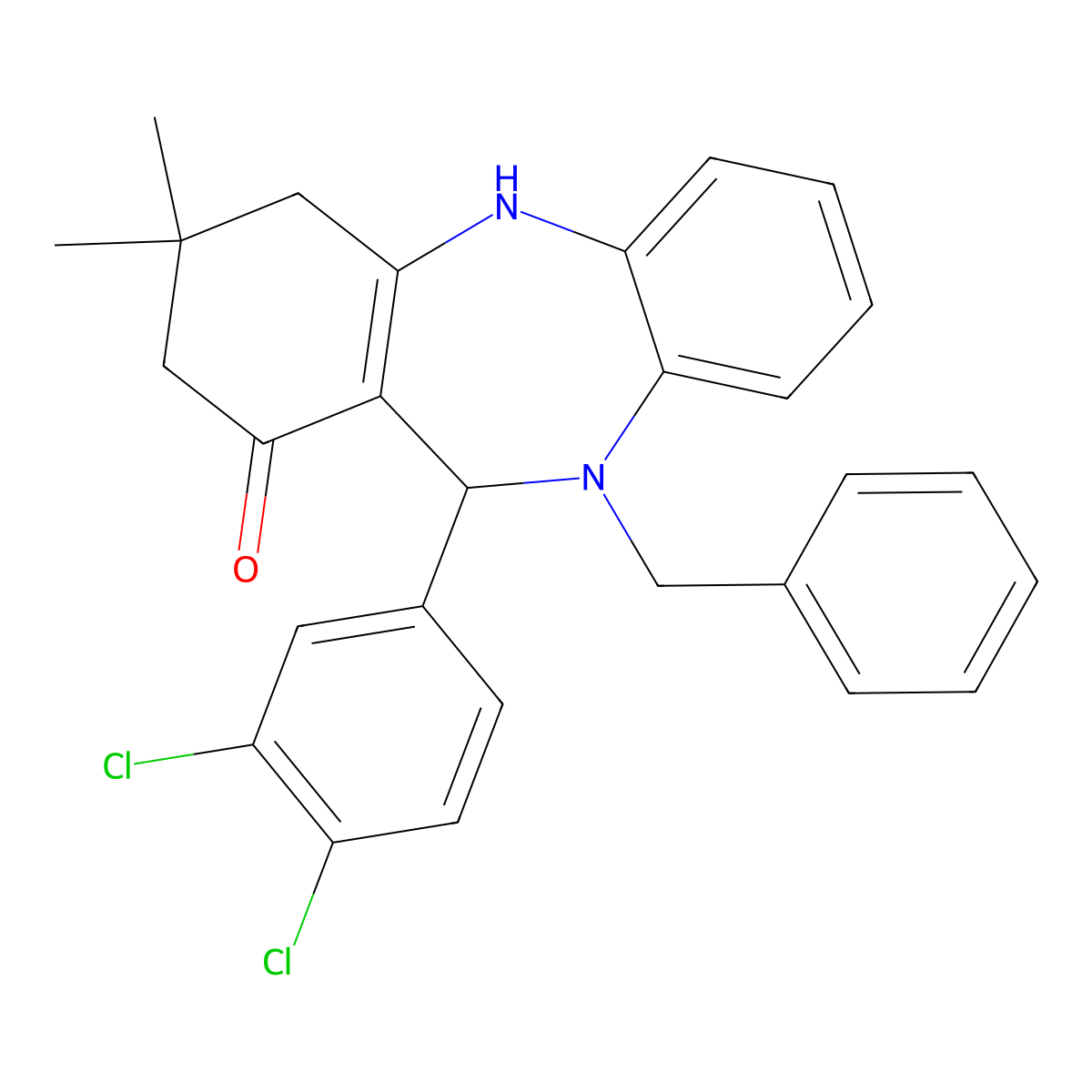 10-benzyl-11-(3,4-dichlorophenyl)-3,3-dimethyl-2,3,4,5,10,11-hexahydro-1H-dibenzo[b,e][1,4]diazepin-1-one molecular structure, CAS 523991-14-2