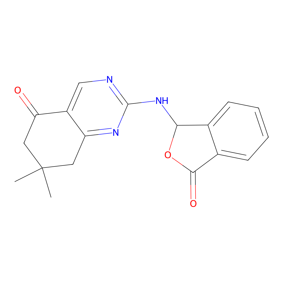 6H-Quinazolin-5-one, 7,7-dimethyl-2-(3-oxo-1,3-dihydroisobenzofuran-1-ylamino)-7,8-dihydro- molecular structure, CAS 523991-47-1