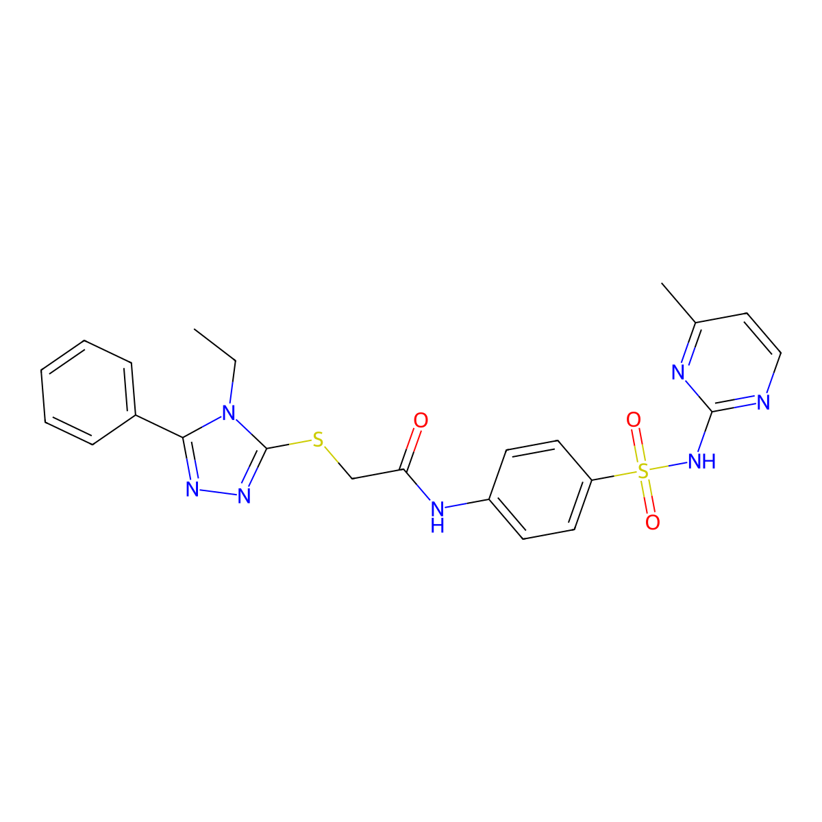 2-[(4-ethyl-5-phenyl-1,2,4-triazol-3-yl)sulfanyl]-N-[4-[(4-methylpyrimidin-2-yl)sulfamoyl]phenyl]acetamide molecular structure, CAS 523991-64-2