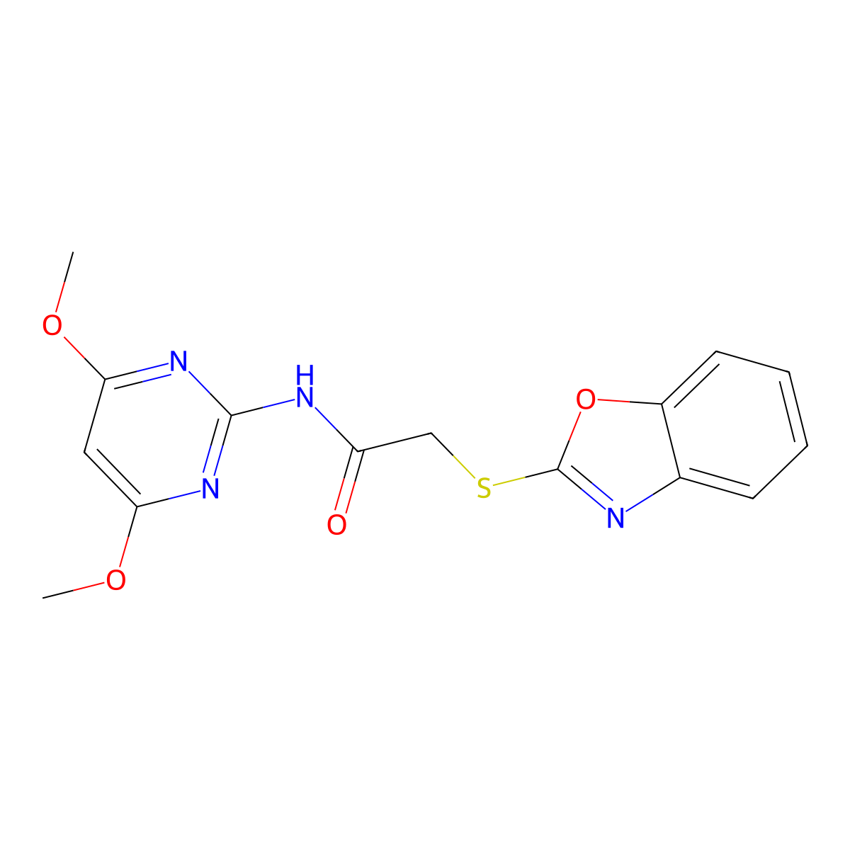 2-(1,3-benzoxazol-2-ylsulfanyl)-N-(4,6-dimethoxypyrimidin-2-yl)acetamide molecular structure, CAS 523991-74-4
