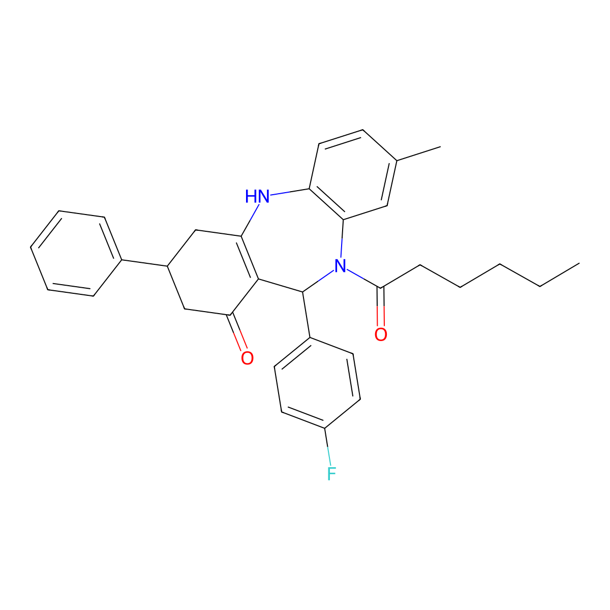 11-(4-fluorophenyl)-10-hexanoyl-8-methyl-3-phenyl-2,3,4,5,10,11-hexahydro-1H-dibenzo[b,e][1,4]diazepin-1-one molecular structure, CAS 523992-37-2