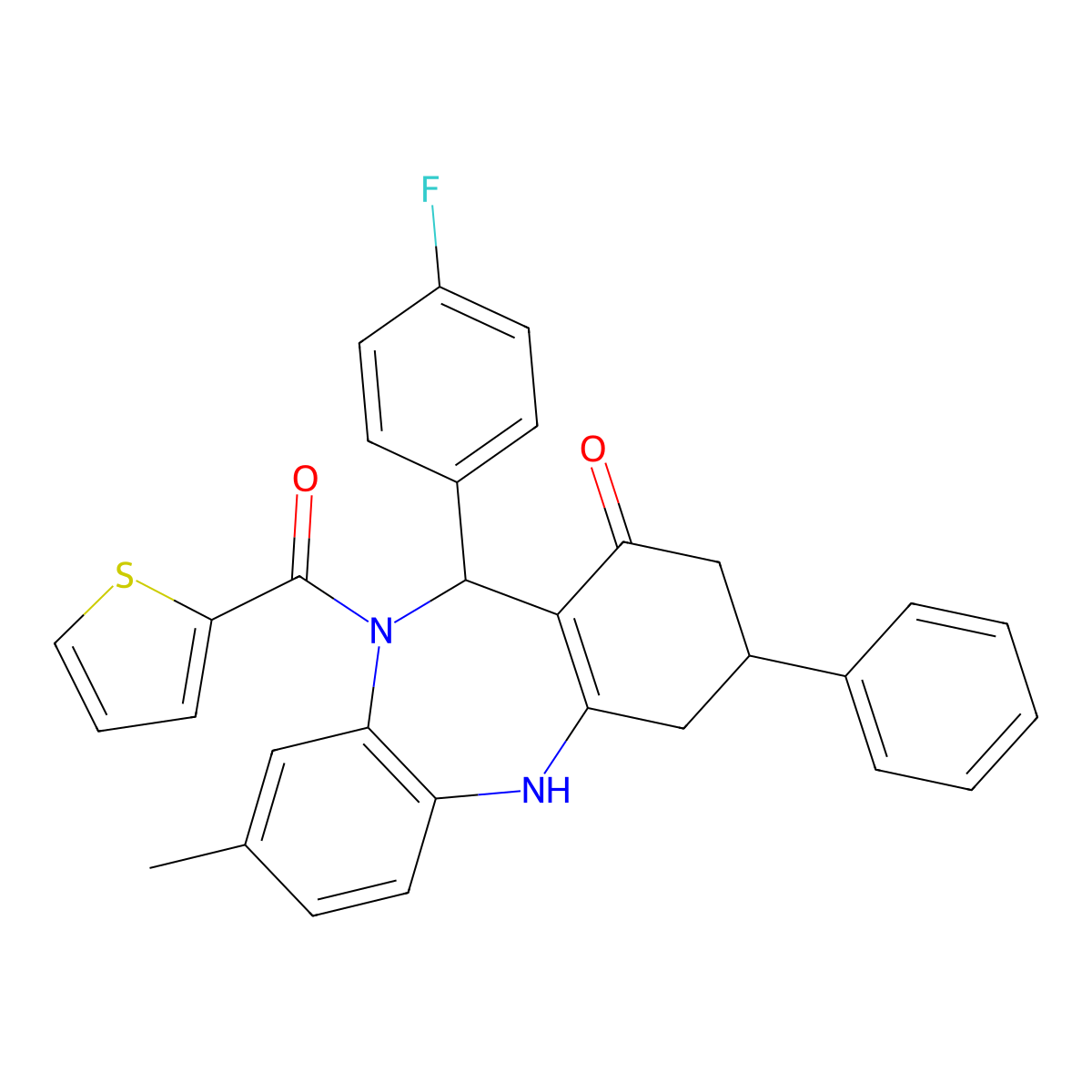 11-(4-fluorophenyl)-8-methyl-3-phenyl-10-(thien-2-ylcarbonyl)-2,3,4,5,10,11-hexahydro-1H-dibenzo[b,e][1,4]diazepin-1-one molecular structure, CAS 523992-38-3