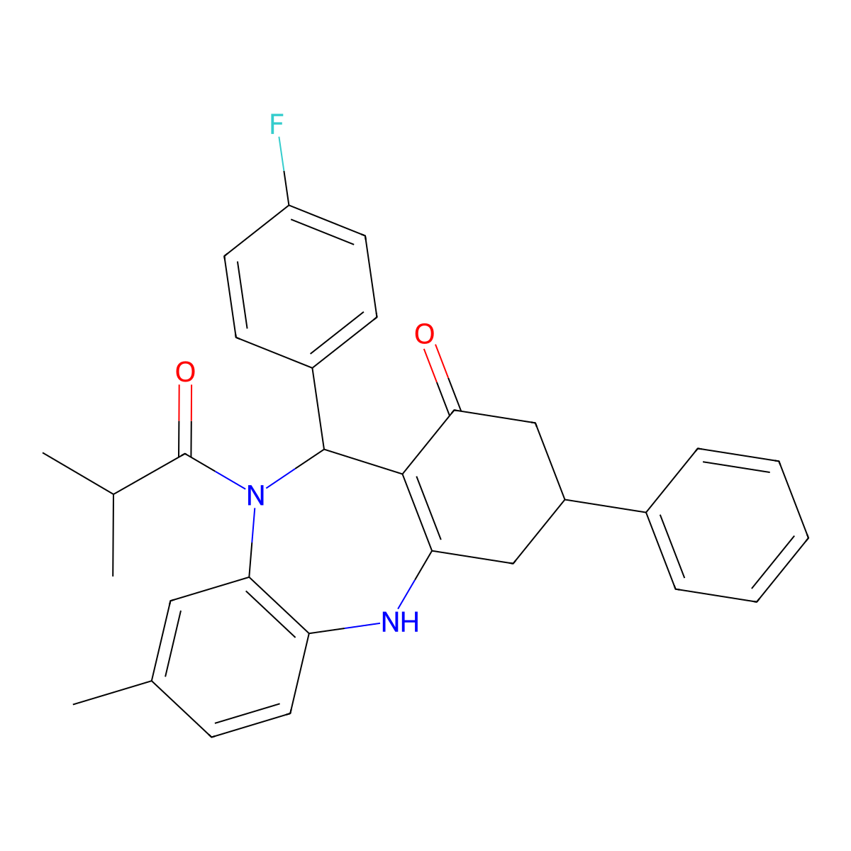 11-(4-fluorophenyl)-8-methyl-10-(2-methylpropanoyl)-3-phenyl-2,3,4,5,10,11-hexahydro-1H-dibenzo[b,e][1,4]diazepin-1-one molecular structure, CAS 523992-39-4