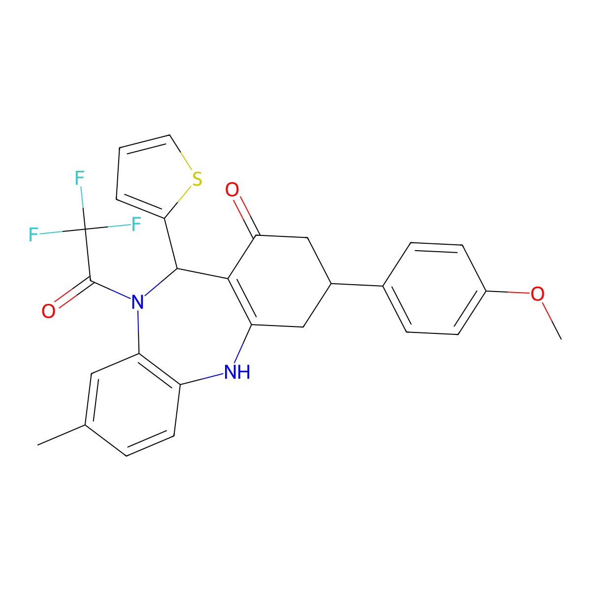 3-(4-methoxyphenyl)-8-methyl-11-(thiophen-2-yl)-10-(trifluoroacetyl)-2,3,4,5,10,11-hexahydro-1H-dibenzo[b,e][1,4]diazepin-1-one molecular structure, CAS 523992-40-7