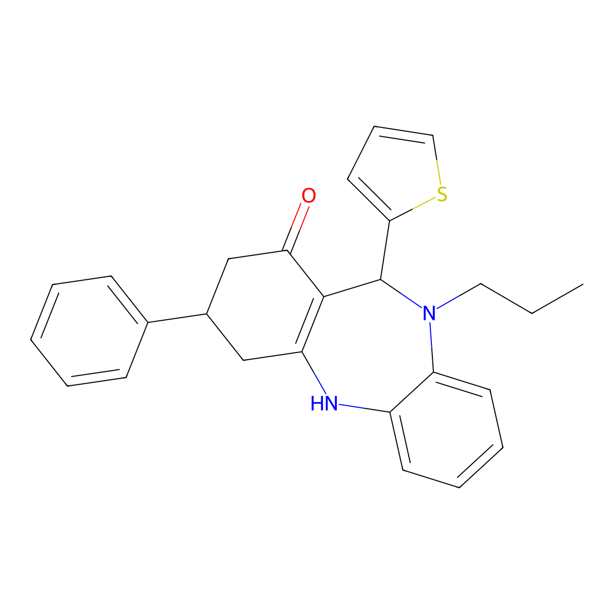 3-phenyl-10-propyl-11-(thiophen-2-yl)-3,4,10,11-tetrahydro-2H-dibenzo[b,e][1,4]diazepin-1-ol molecular structure, CAS 523992-43-0