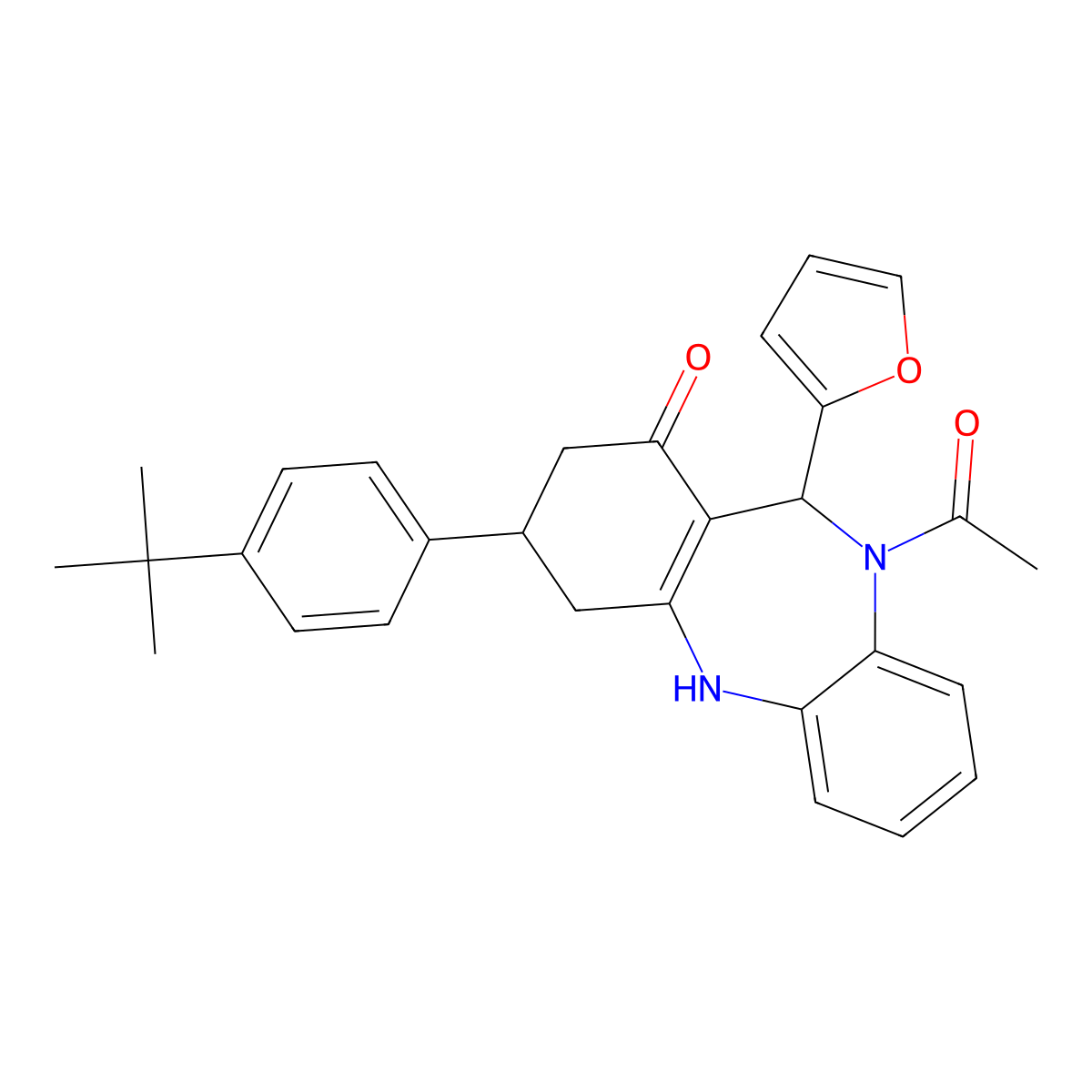 10-acetyl-3-(4-tert-butylphenyl)-11-(2-furyl)-2,3,4,5,10,11-hexahydro-1H-dibenzo[b,e][1,4]diazepin-1-one molecular structure, CAS 523992-48-5