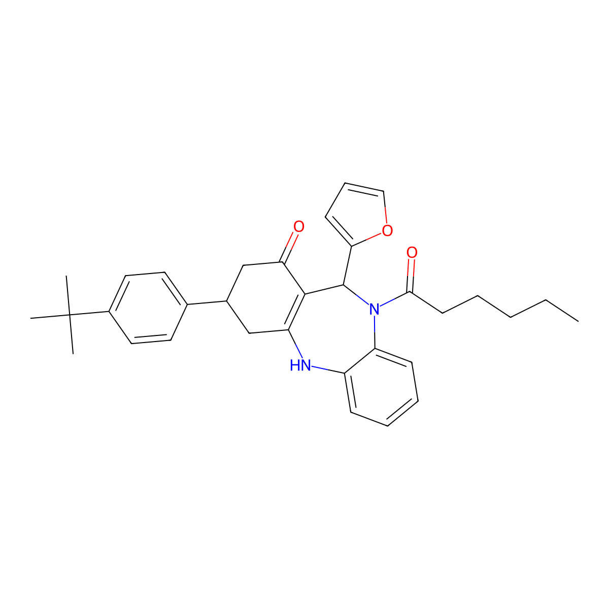 3-(4-tert-butylphenyl)-11-(furan-2-yl)-10-hexanoyl-2,3,4,5,10,11-hexahydro-1H-dibenzo[b,e][1,4]diazepin-1-one molecular structure, CAS 523992-50-9