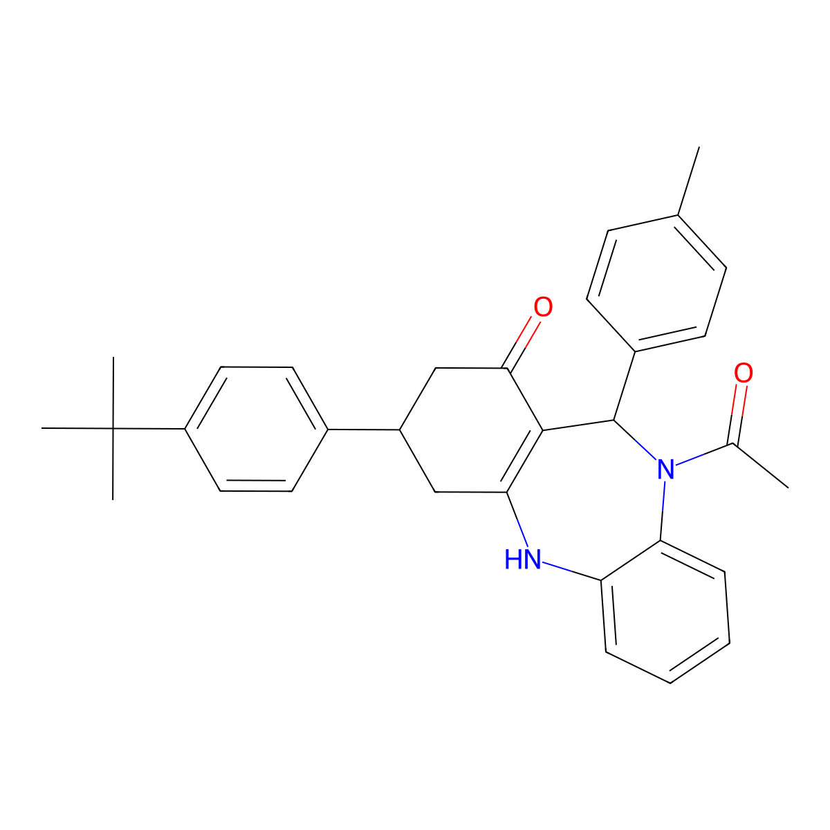10-acetyl-3-(4-tert-butylphenyl)-11-(4-methylphenyl)-2,3,4,5,10,11-hexahydro-1H-dibenzo[b,e][1,4]diazepin-1-one molecular structure, CAS 523992-52-1