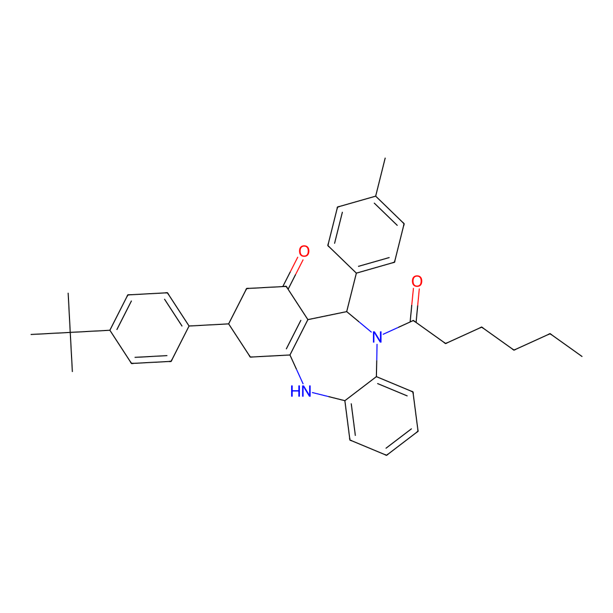 1-[3-(4-tert-butylphenyl)-1-hydroxy-11-(4-methylphenyl)-2,3,4,11-tetrahydro-10H-dibenzo[b,e][1,4]diazepin-10-yl]hexan-1-one molecular structure, CAS 523992-53-2