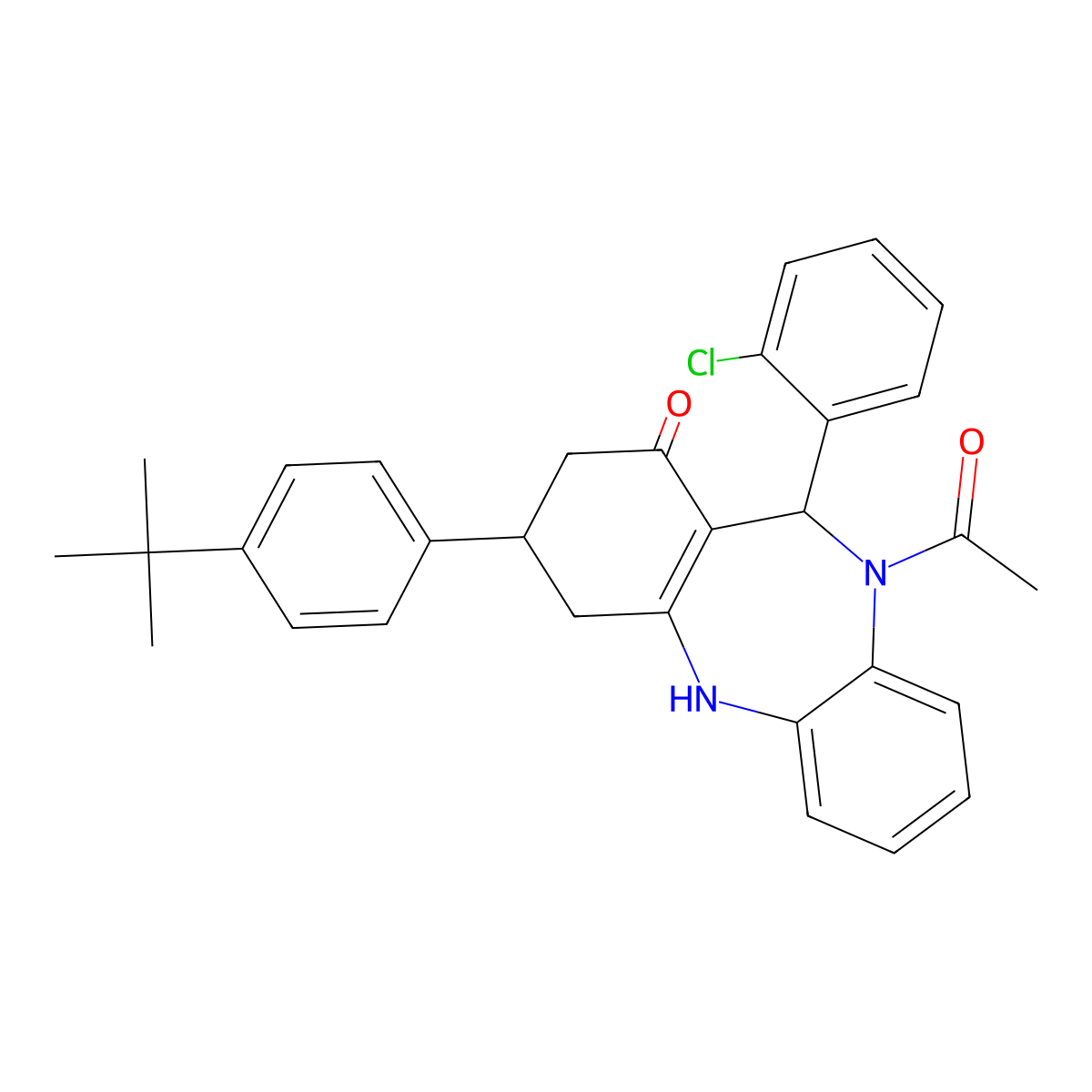 10-acetyl-3-(4-tert-butylphenyl)-11-(2-chlorophenyl)-2,3,4,5,10,11-hexahydro-1H-dibenzo[b,e][1,4]diazepin-1-one molecular structure, CAS 523992-57-6
