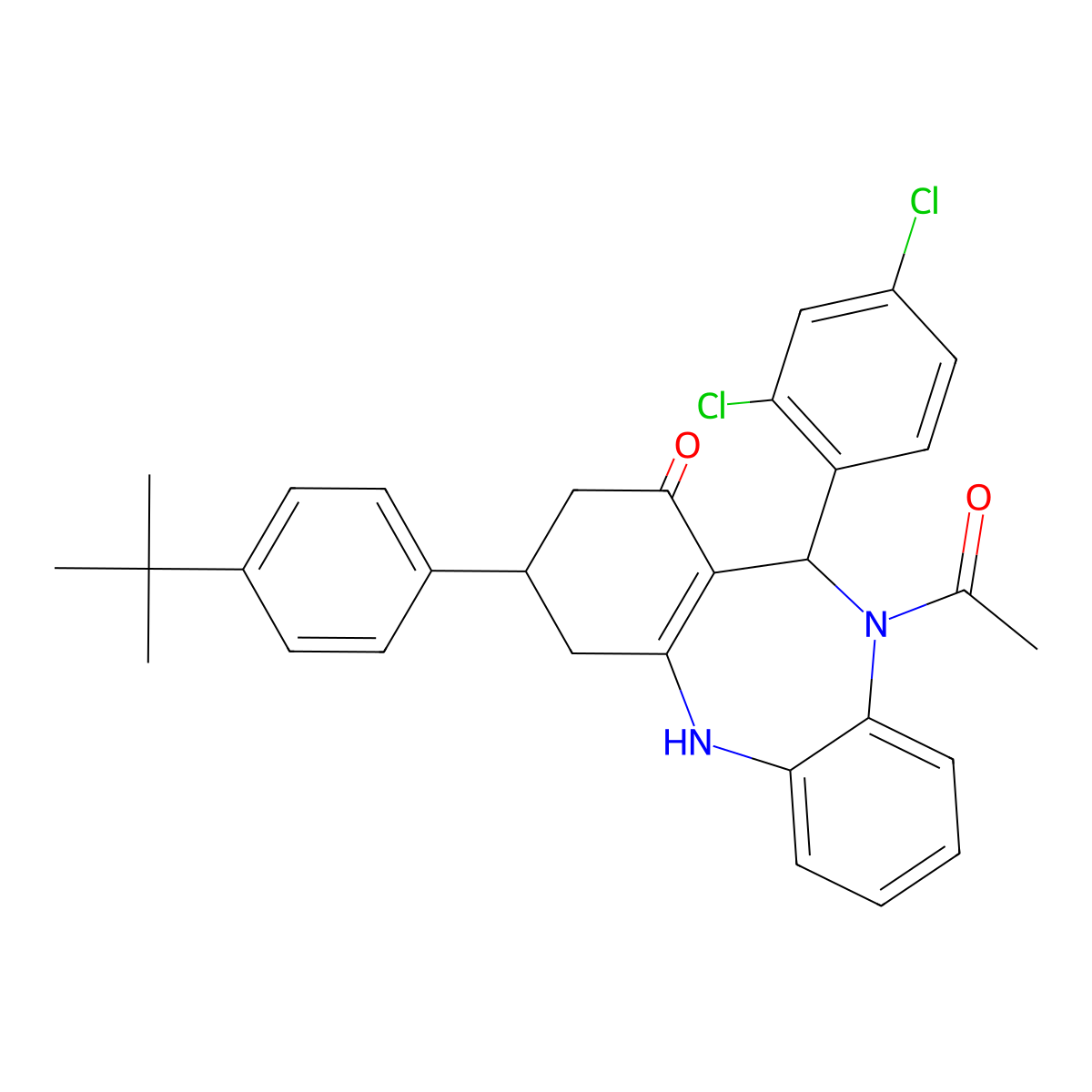 10-acetyl-3-(4-tert-butylphenyl)-11-(2,4-dichlorophenyl)-2,3,4,5,10,11-hexahydro-1H-dibenzo[b,e][1,4]diazepin-1-one molecular structure, CAS 523992-61-2