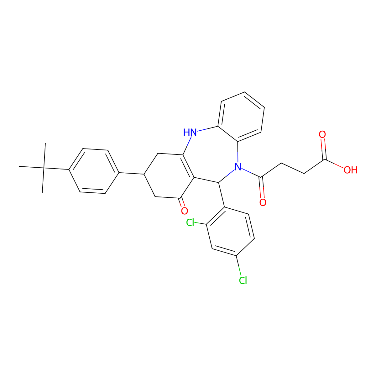 4-[3-(4-tert-butylphenyl)-11-(2,4-dichlorophenyl)-1-oxo-1,2,3,4,5,11-hexahydro-10H-dibenzo[b,e][1,4]diazepin-10-yl]-4-oxobutanoic acid molecular structure, CAS 523992-63-4