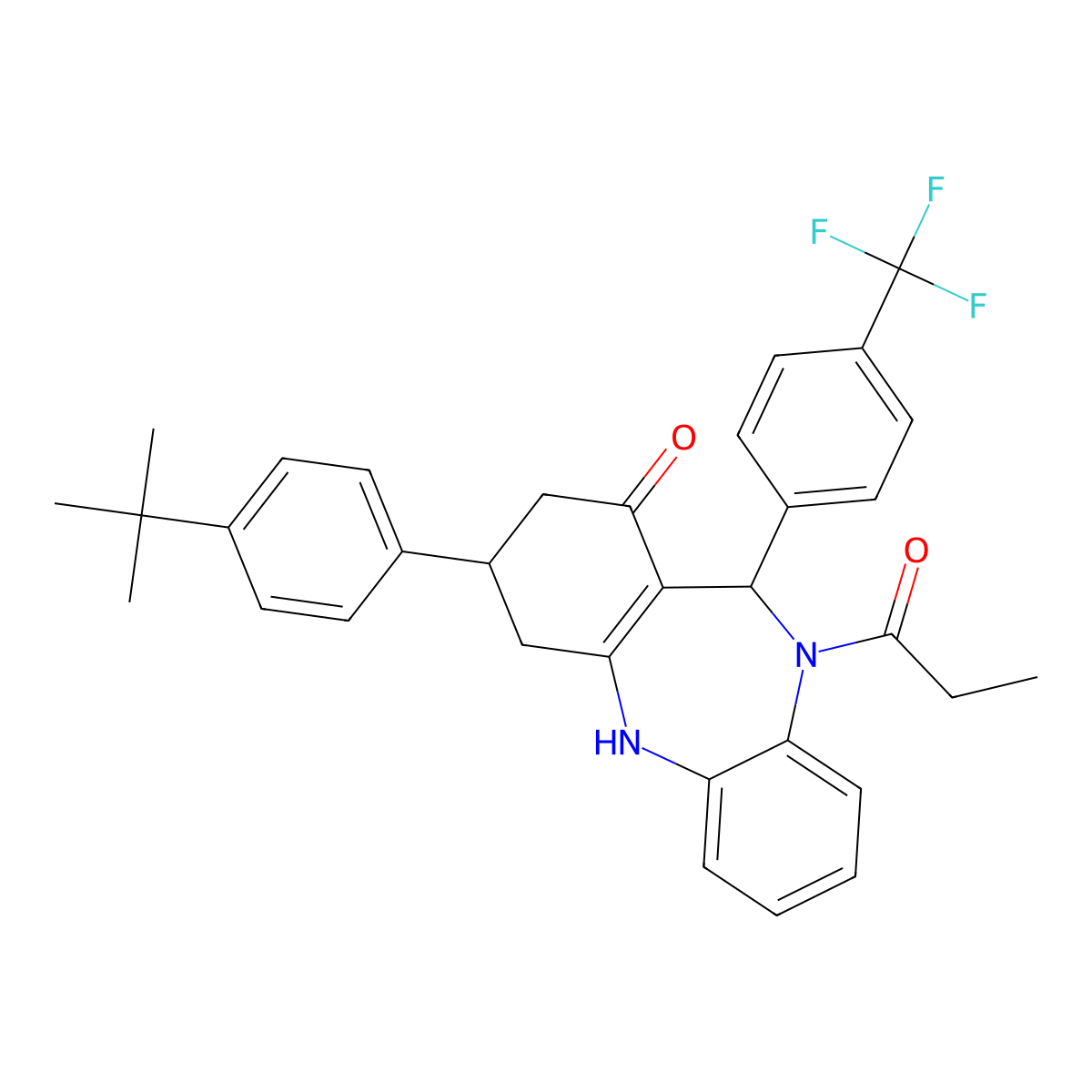 3-(4-tert-butylphenyl)-10-propanoyl-11-[4-(trifluoromethyl)phenyl]-2,3,4,5,10,11-hexahydro-1H-dibenzo[b,e][1,4]diazepin-1-one molecular structure, CAS 523992-64-5