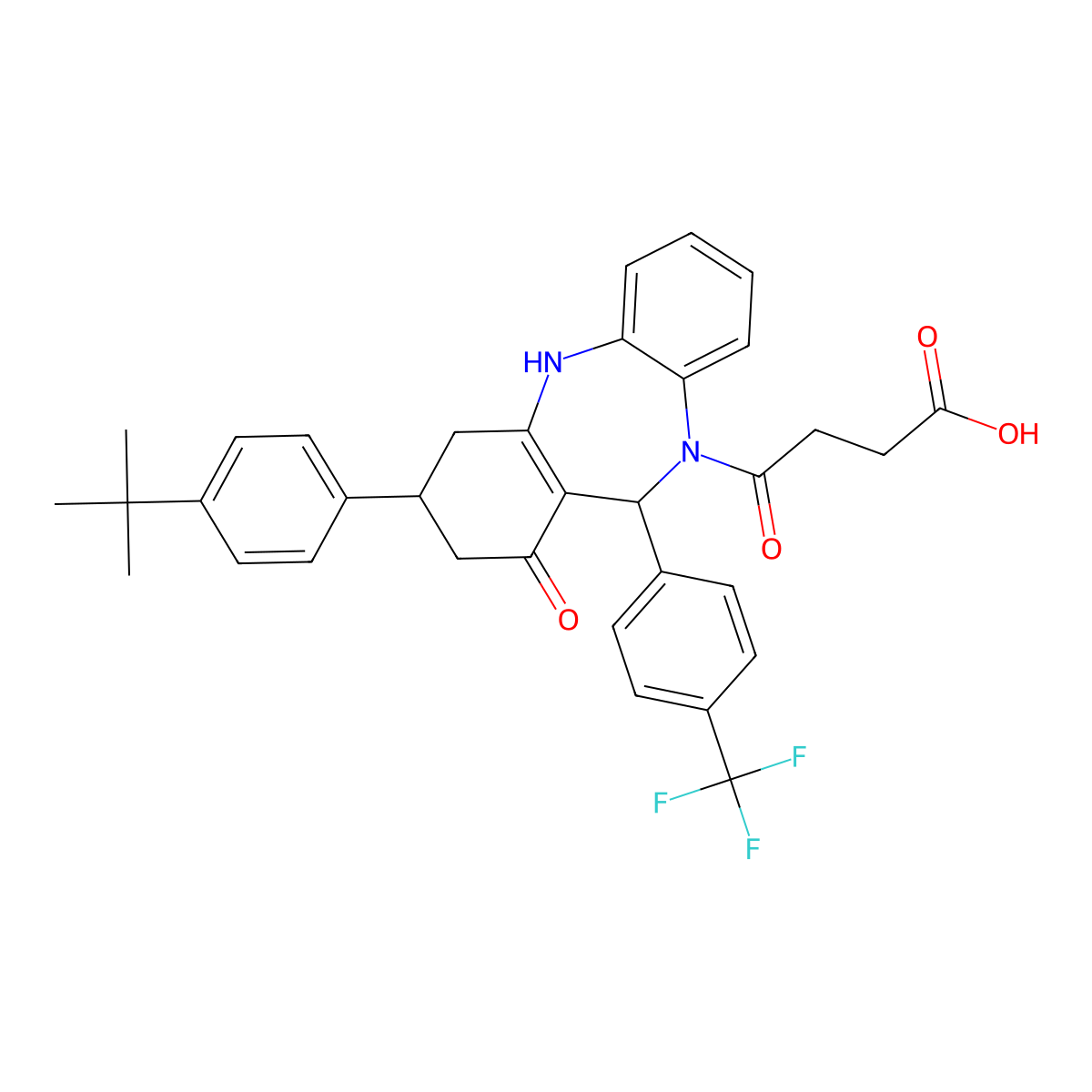4-{3-(4-tert-butylphenyl)-1-oxo-11-[4-(trifluoromethyl)phenyl]-1,2,3,4,5,11-hexahydro-10H-dibenzo[b,e][1,4]diazepin-10-yl}-4-oxobutanoic acid molecular structure, CAS 523992-66-7