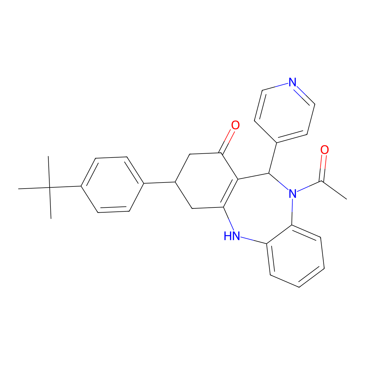 10-acetyl-3-(4-tert-butylphenyl)-11-(4-pyridinyl)-2,3,4,5,10,11-hexahydro-1H-dibenzo[b,e][1,4]diazepin-1-one molecular structure, CAS 523992-68-9