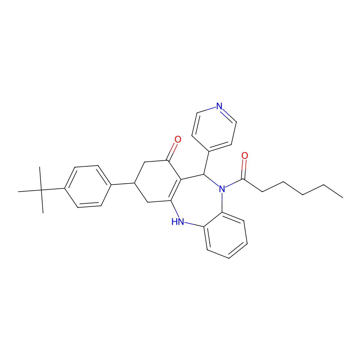 3-(4-tert-butylphenyl)-10-hexanoyl-11-(pyridin-4-yl)-2,3,4,5,10,11-hexahydro-1H-dibenzo[b,e][1,4]diazepin-1-one molecular structure, CAS 523992-69-0