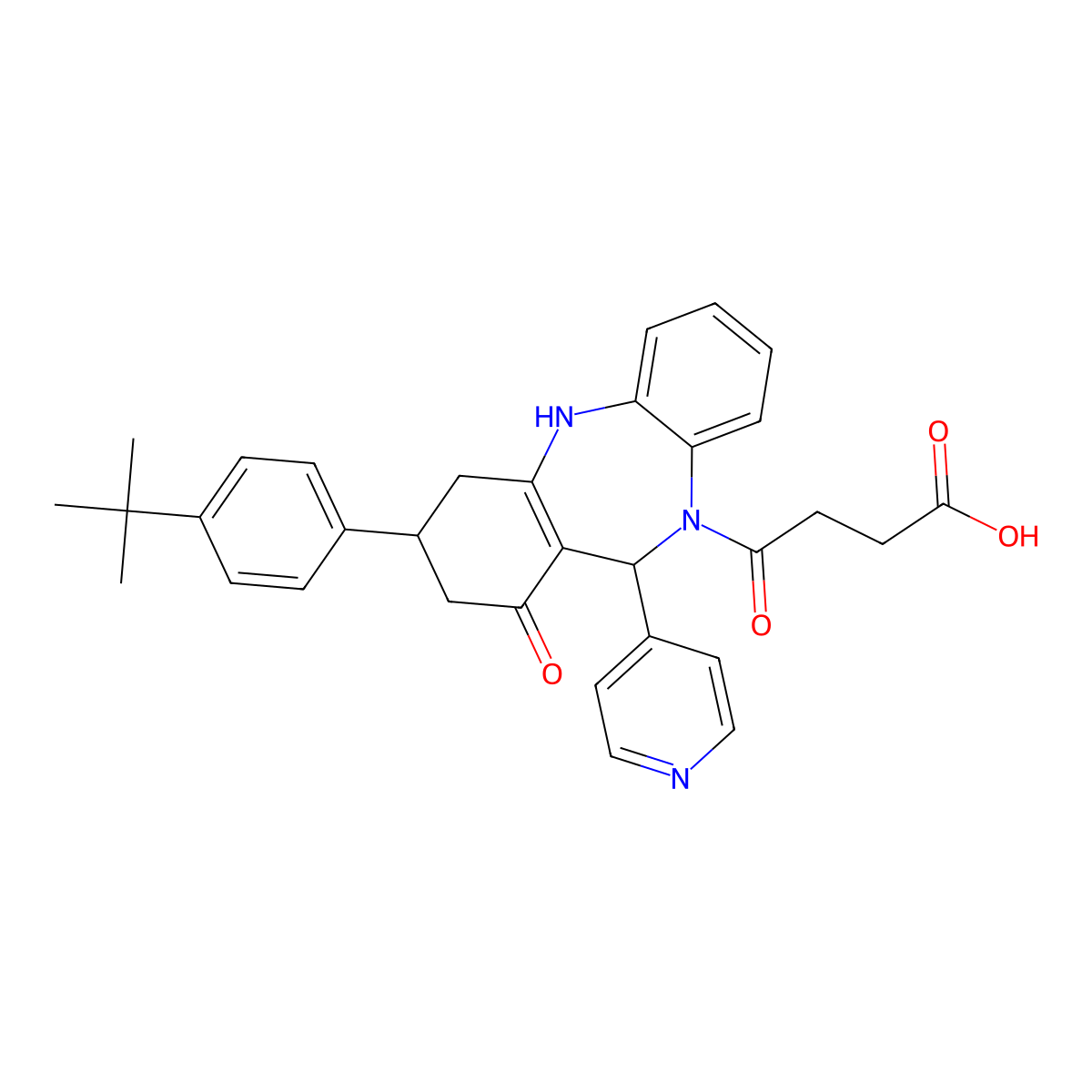 4-[3-(4-tert-butylphenyl)-1-oxo-11-pyridin-4-yl-1,2,3,4,5,11-hexahydro-10H-dibenzo[b,e][1,4]diazepin-10-yl]-4-oxobutanoic acid molecular structure, CAS 523992-70-3