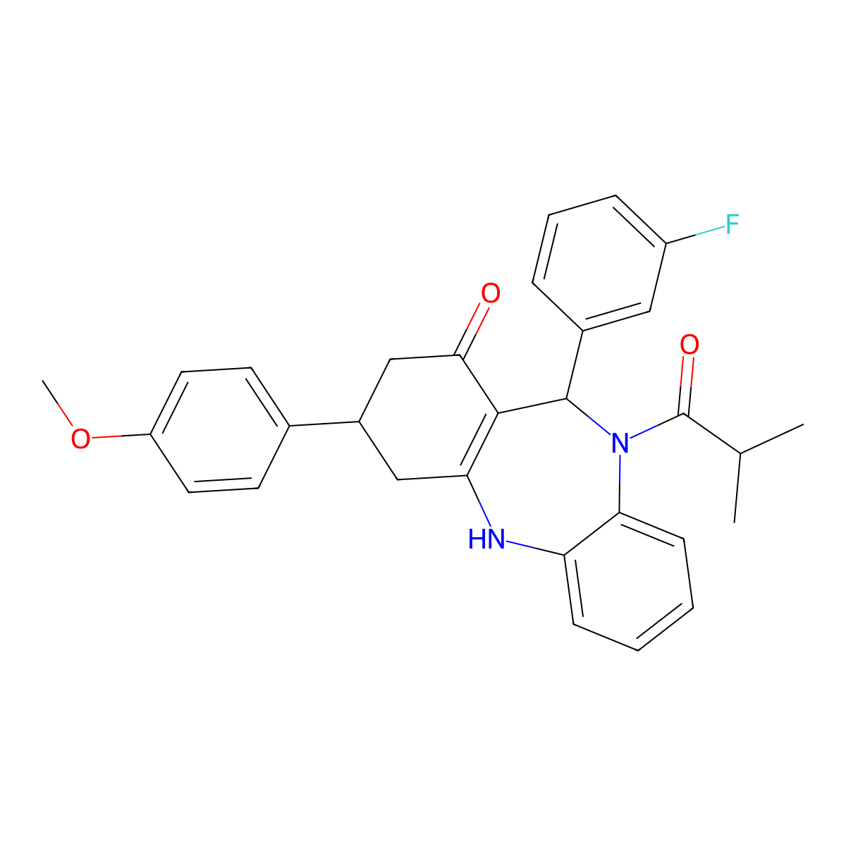6-(3-fluorophenyl)-9-(4-methoxyphenyl)-5-(2-methylpropanoyl)-8,9,10,11-tetrahydro-6H-benzo[b][1,4]benzodiazepin-7-one molecular structure, CAS 523992-72-5