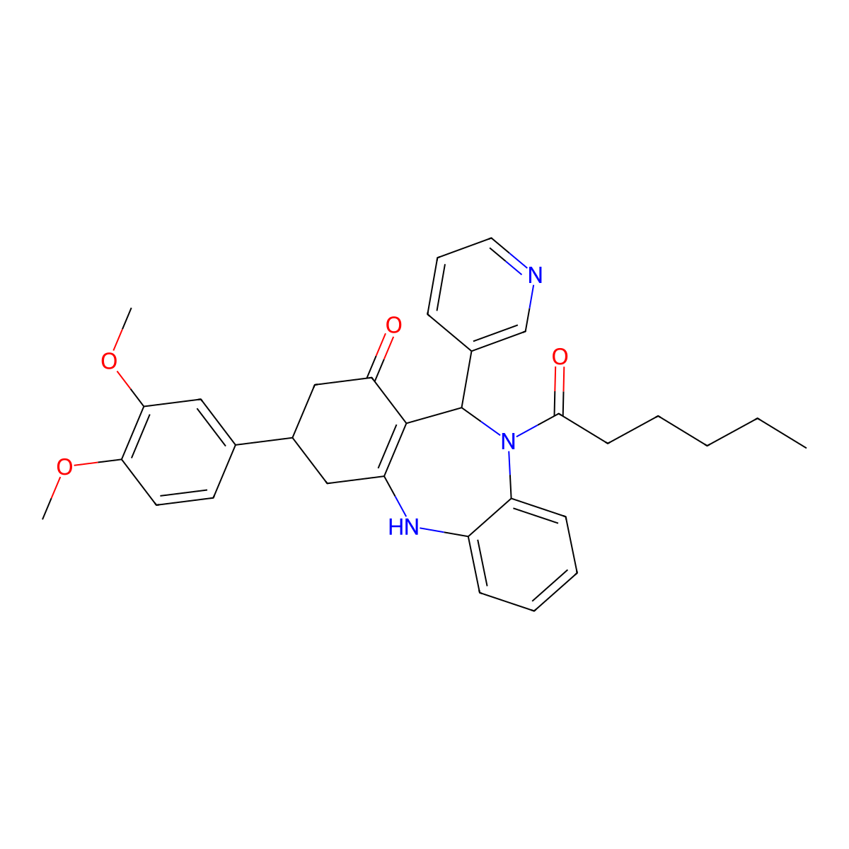 3-(3,4-dimethoxyphenyl)-10-hexanoyl-11-(3-pyridinyl)-2,3,4,5,10,11-hexahydro-1H-dibenzo[b,e][1,4]diazepin-1-one molecular structure, CAS 523992-73-6
