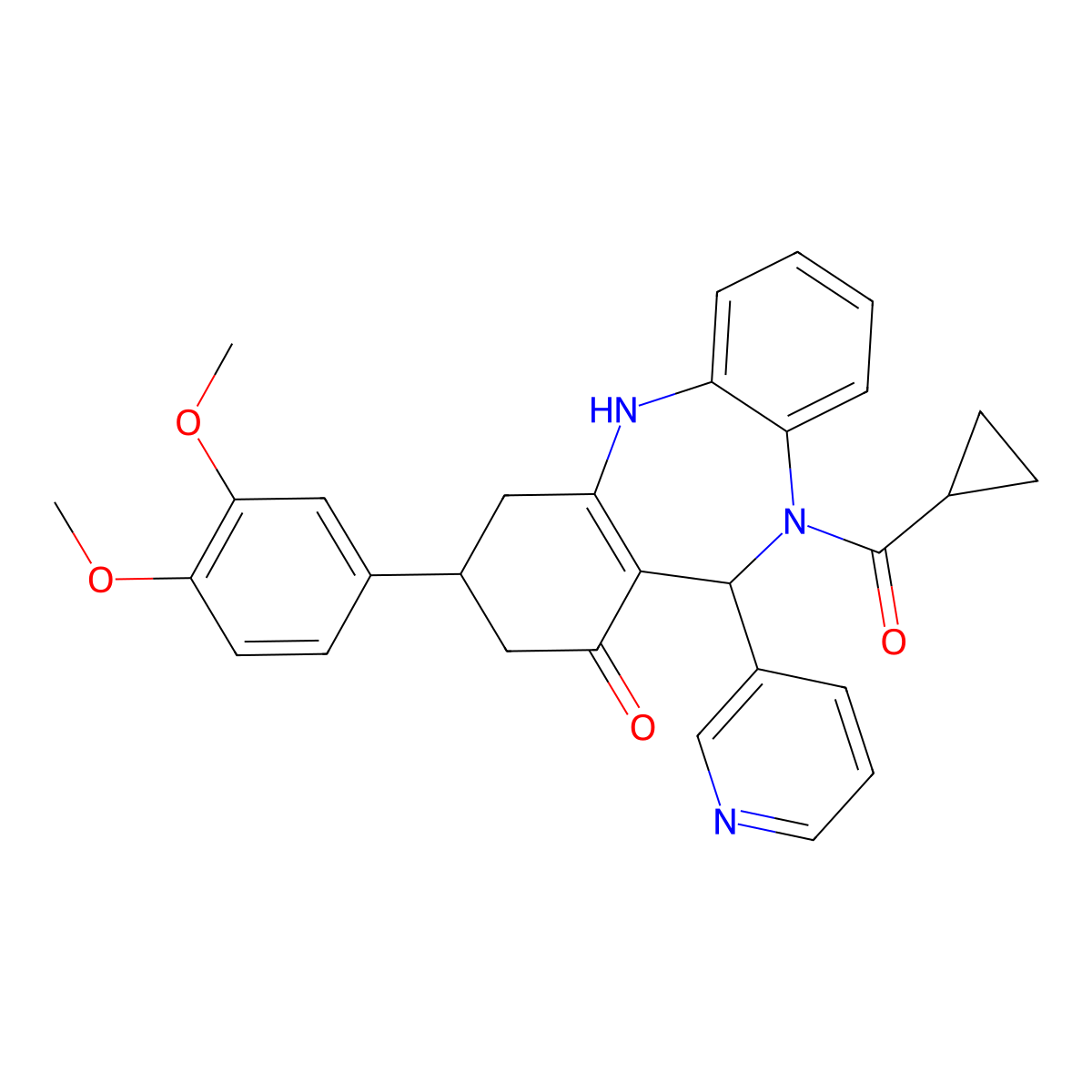 5-(cyclopropanecarbonyl)-9-(3,4-dimethoxyphenyl)-6-pyridin-3-yl-8,9,10,11-tetrahydro-6H-benzo[b][1,4]benzodiazepin-7-one molecular structure, CAS 523992-74-7