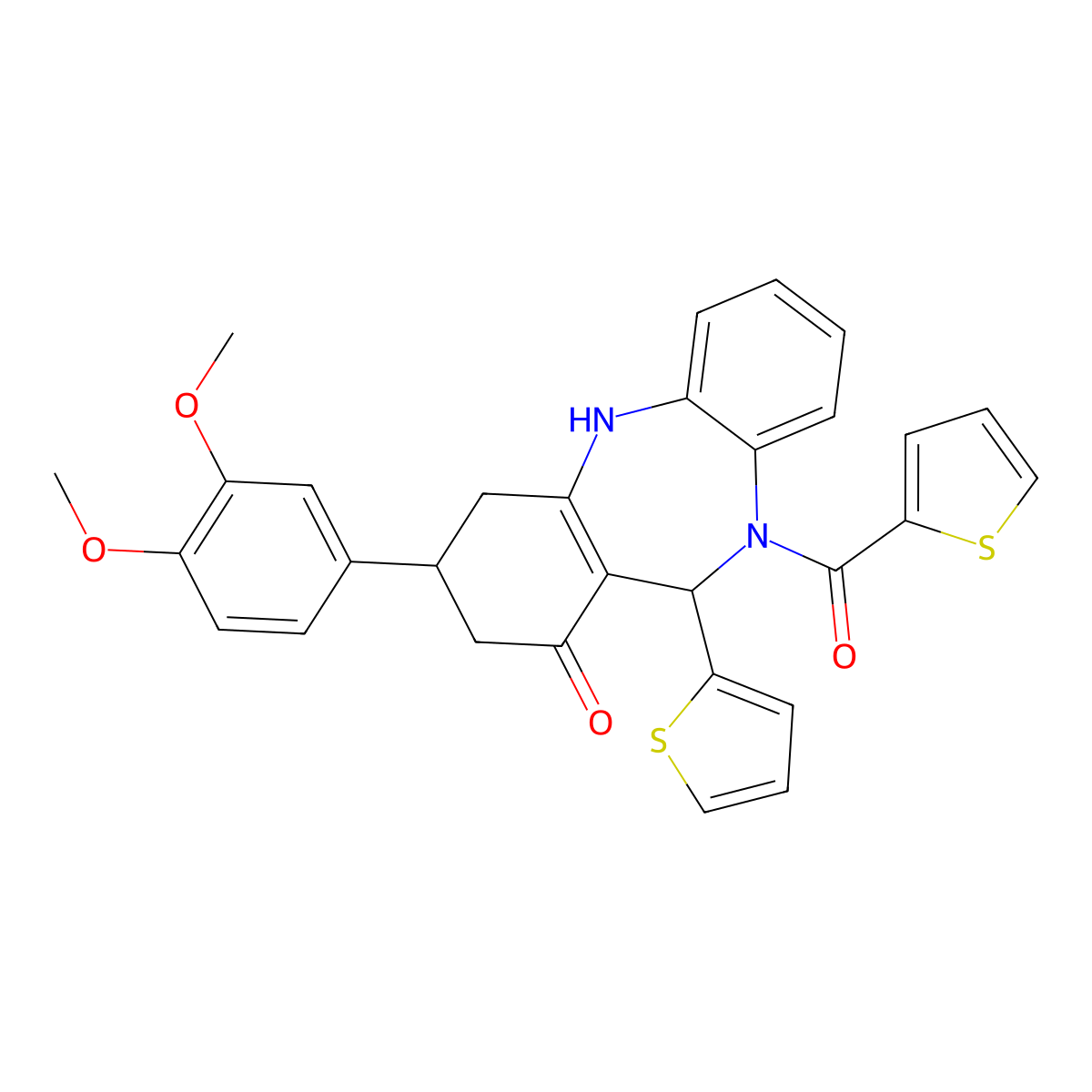 3-(3,4-dimethoxyphenyl)-11-(thiophen-2-yl)-10-(thiophen-2-ylcarbonyl)-2,3,4,5,10,11-hexahydro-1H-dibenzo[b,e][1,4]diazepin-1-one molecular structure, CAS 523992-77-0