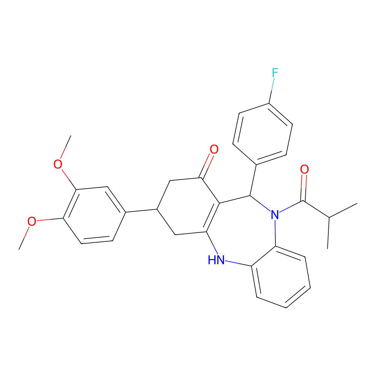 3-(3,4-dimethoxyphenyl)-11-(4-fluorophenyl)-10-isobutyryl-2,3,4,5,10,11-hexahydro-1H-dibenzo[b,e][1,4]diazepin-1-one molecular structure, CAS 523992-78-1