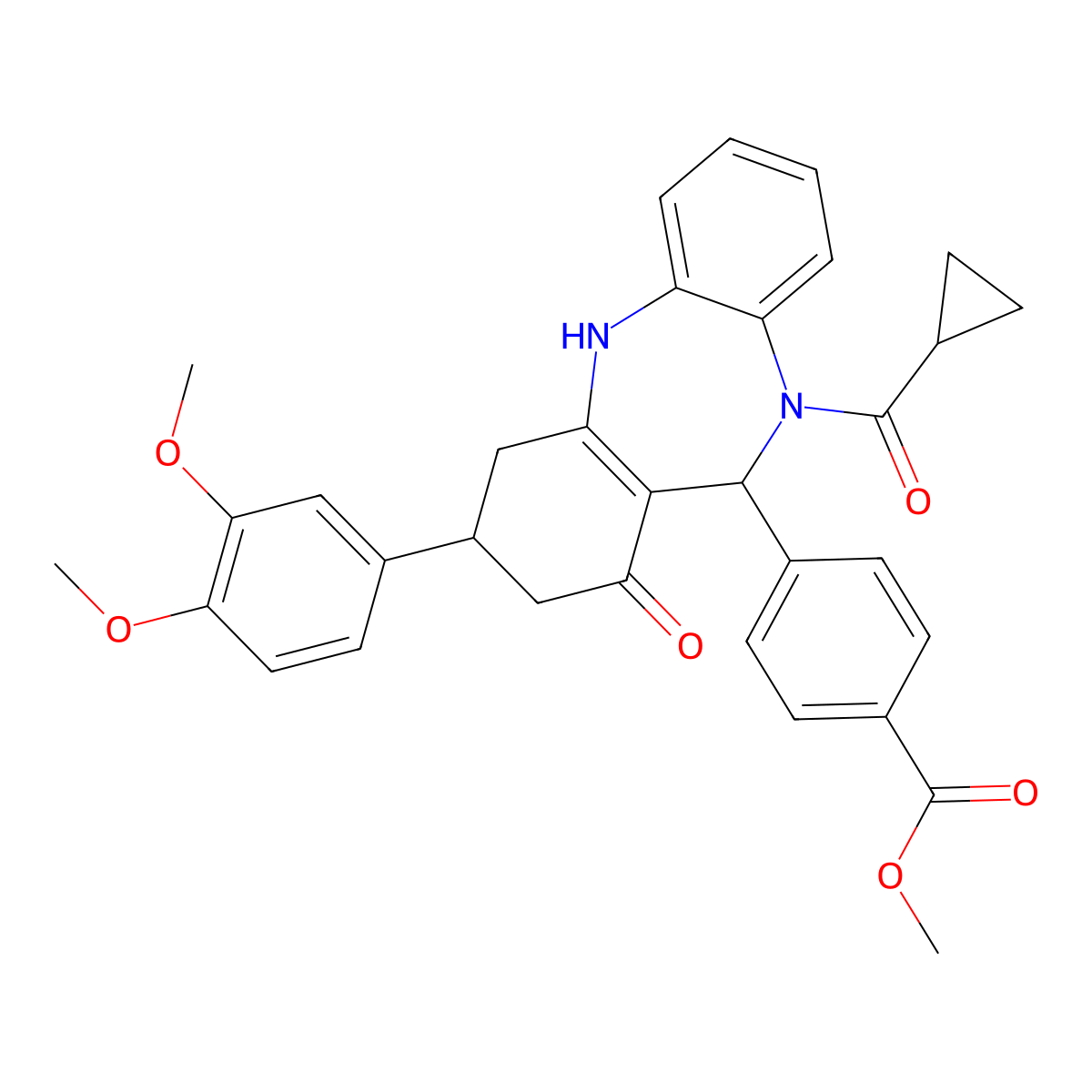 methyl 4-[5-(cyclopropanecarbonyl)-9-(3,4-dimethoxyphenyl)-7-oxo-8,9,10,11-tetrahydro-6H-benzo[b][1,4]benzodiazepin-6-yl]benzoate molecular structure, CAS 523992-81-6