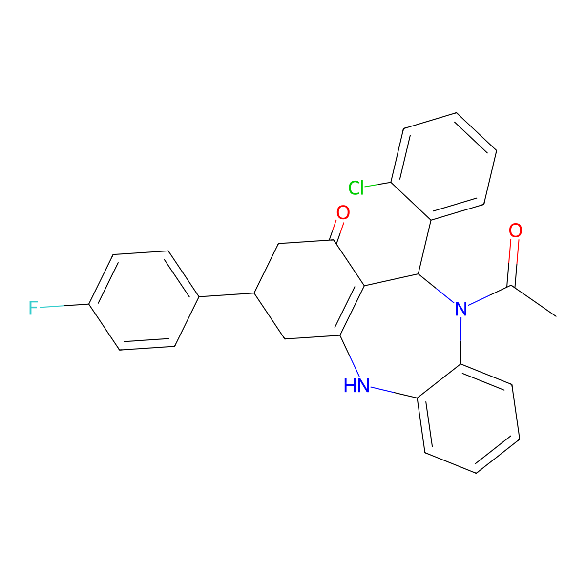 10-acetyl-11-(2-chlorophenyl)-3-(4-fluorophenyl)-2,3,4,5,10,11-hexahydro-1H-dibenzo[b,e][1,4]diazepin-1-one molecular structure, CAS 523992-83-8