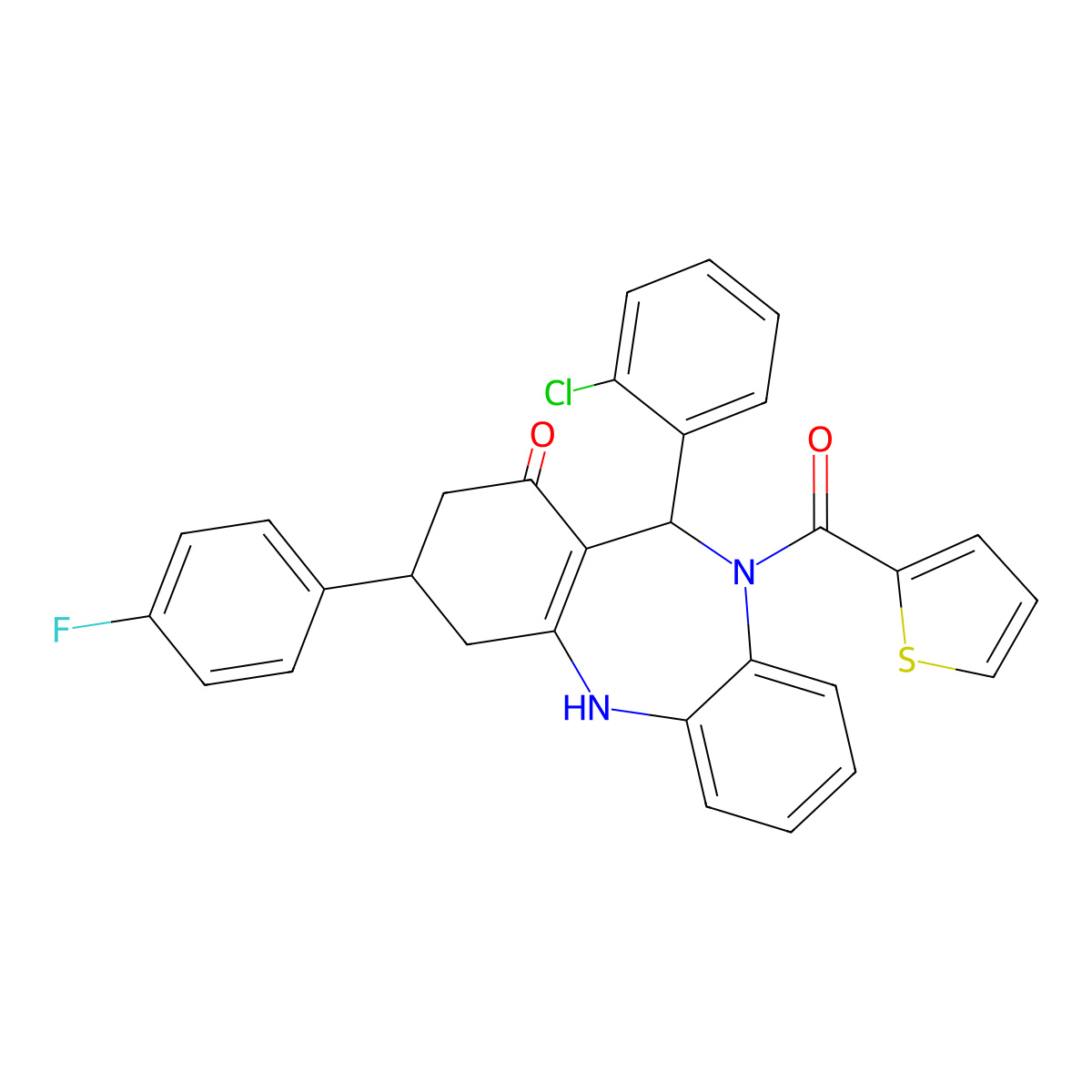 [11-(2-chlorophenyl)-3-(4-fluorophenyl)-1-hydroxy-2,3,4,11-tetrahydro-10H-dibenzo[b,e][1,4]diazepin-10-yl](thiophen-2-yl)methanone molecular structure, CAS 523992-84-9