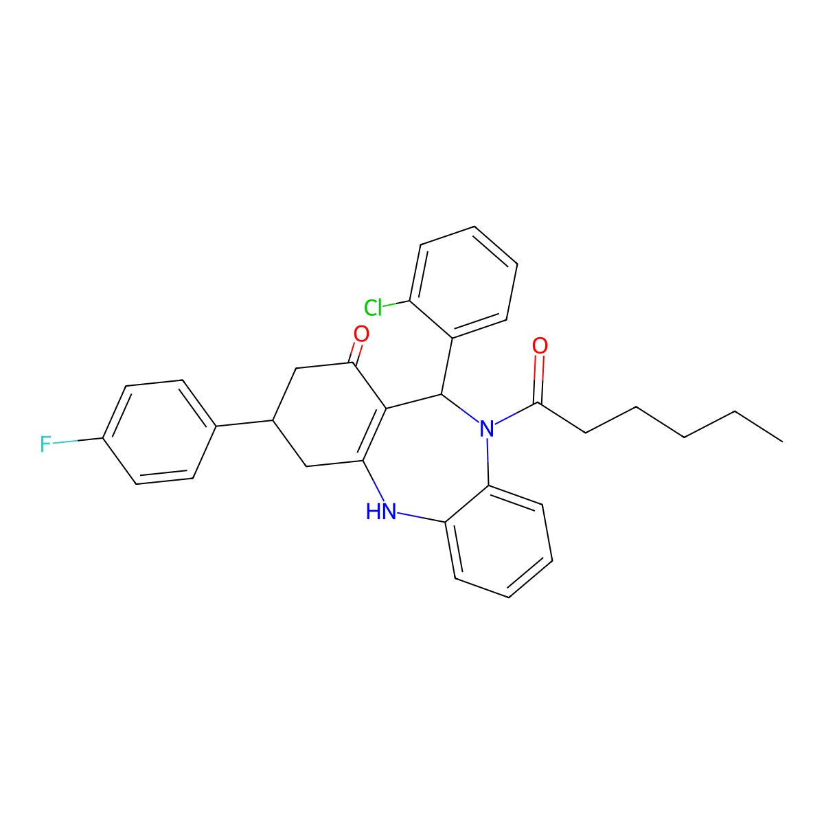 11-(2-chlorophenyl)-3-(4-fluorophenyl)-10-hexanoyl-2,3,4,5,10,11-hexahydro-1H-dibenzo[b,e][1,4]diazepin-1-one molecular structure, CAS 523992-86-1