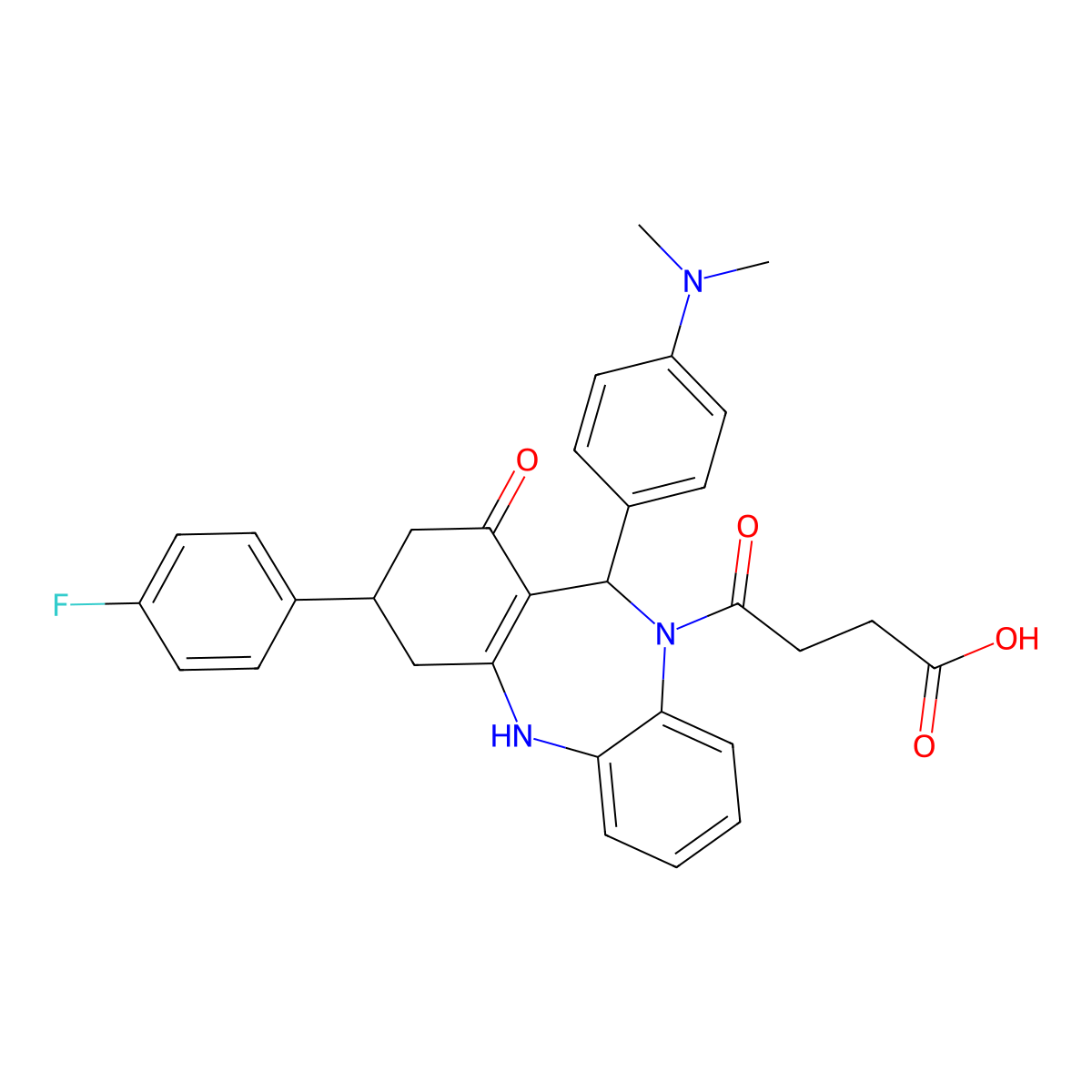 4-{11-[4-(dimethylamino)phenyl]-3-(4-fluorophenyl)-1-hydroxy-2,3,4,11-tetrahydro-10H-dibenzo[b,e][1,4]diazepin-10-yl}-4-oxobutanoic acid molecular structure, CAS 523992-90-7