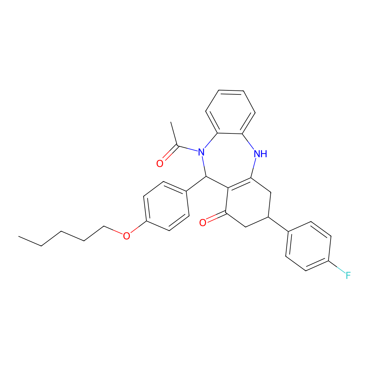 10-acetyl-3-(4-fluorophenyl)-11-[4-(pentyloxy)phenyl]-2,3,4,5,10,11-hexahydro-1H-dibenzo[b,e][1,4]diazepin-1-one molecular structure, CAS 523992-92-9