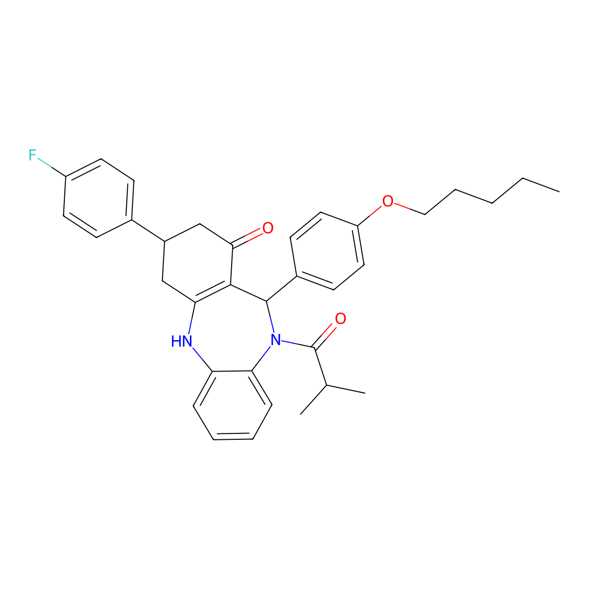 3-(4-fluorophenyl)-10-(2-methylpropanoyl)-11-[4-(pentyloxy)phenyl]-2,3,4,5,10,11-hexahydro-1H-dibenzo[b,e][1,4]diazepin-1-one molecular structure, CAS 523992-94-1