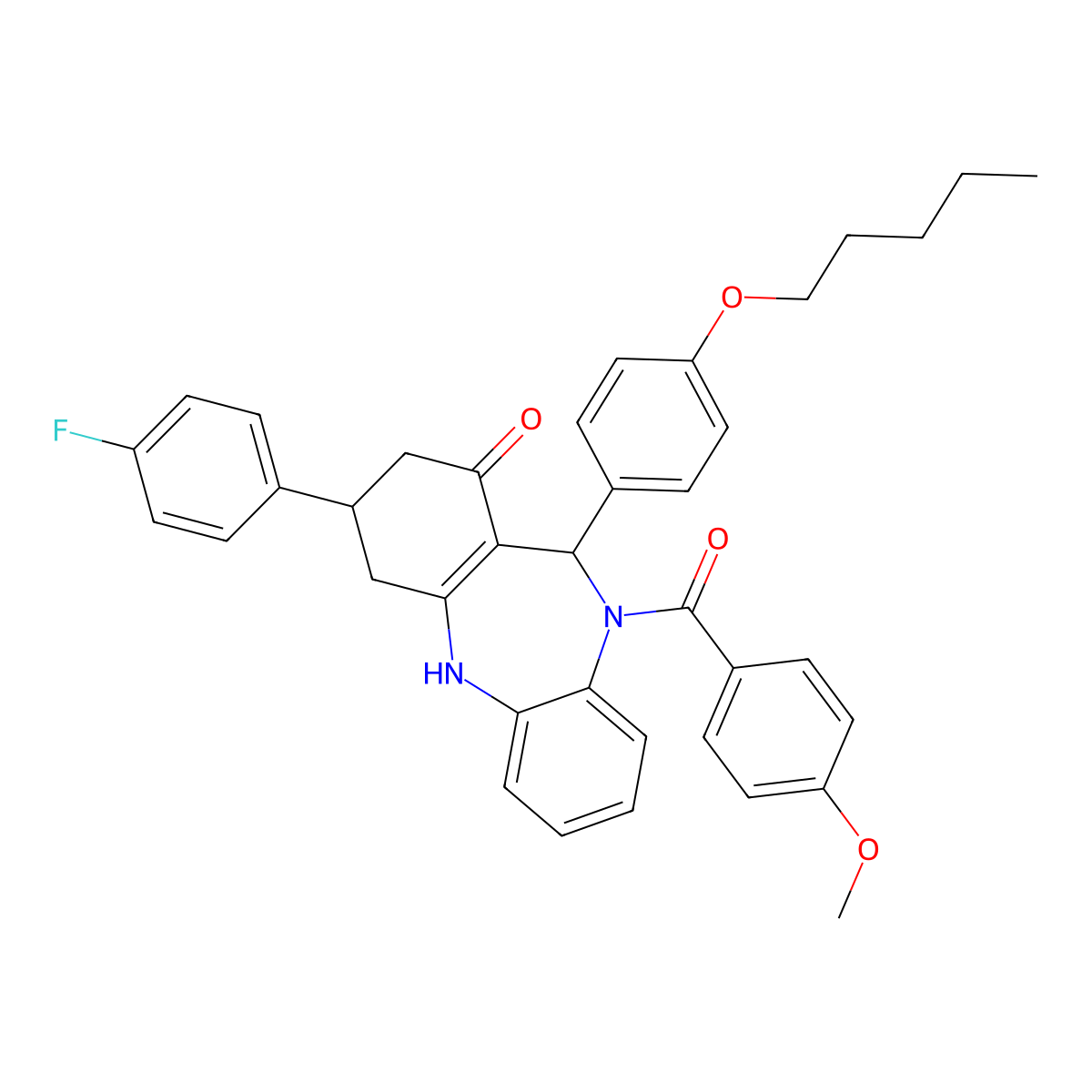 3-(4-fluorophenyl)-10-[(4-methoxyphenyl)carbonyl]-11-[4-(pentyloxy)phenyl]-2,3,4,5,10,11-hexahydro-1H-dibenzo[b,e][1,4]diazepin-1-one molecular structure, CAS 523992-96-3