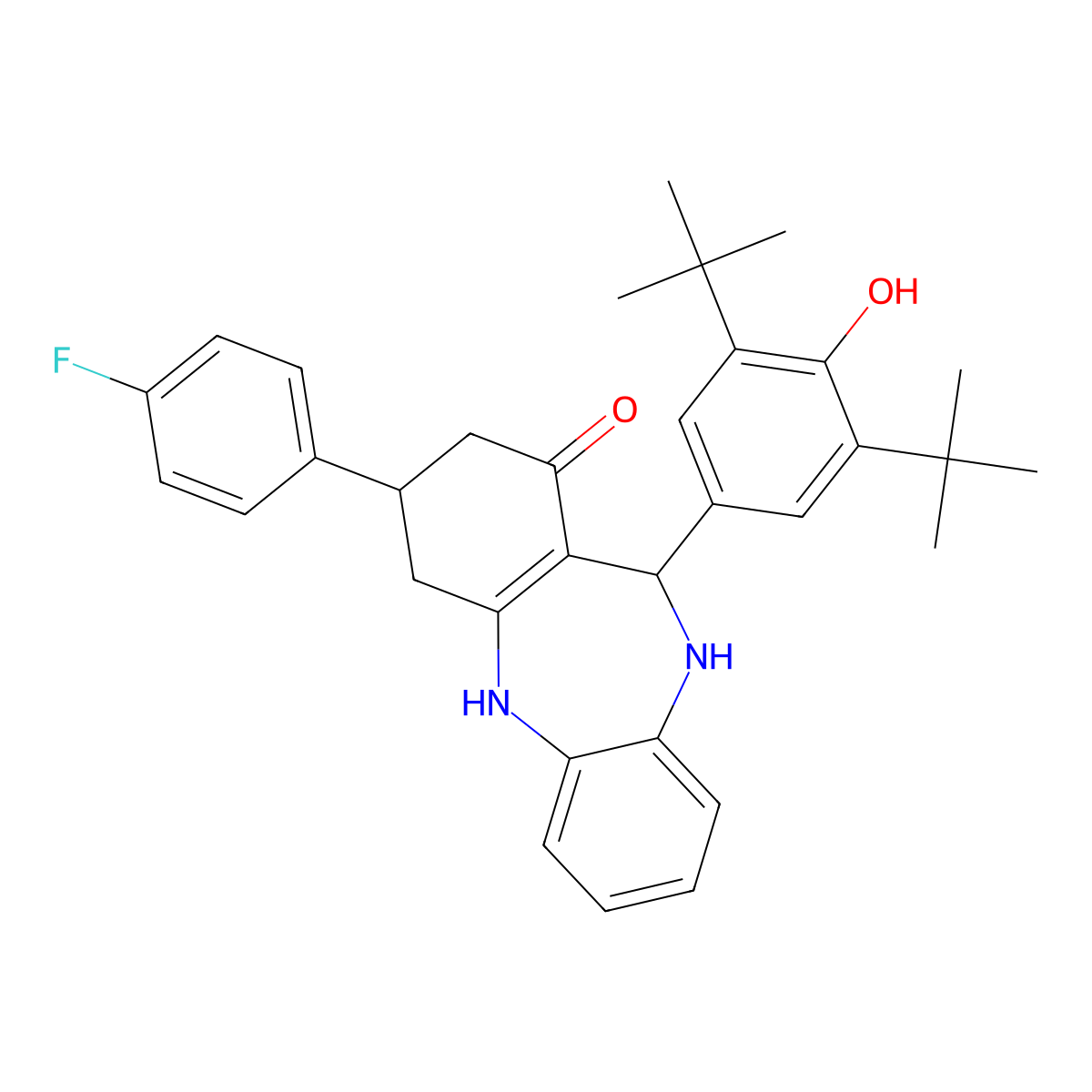 11-(3,5-di-tert-butyl-4-hydroxyphenyl)-3-(4-fluorophenyl)-2,3,4,5,10,11-hexahydro-1H-dibenzo[b,e][1,4]diazepin-1-one molecular structure, CAS 523992-98-5