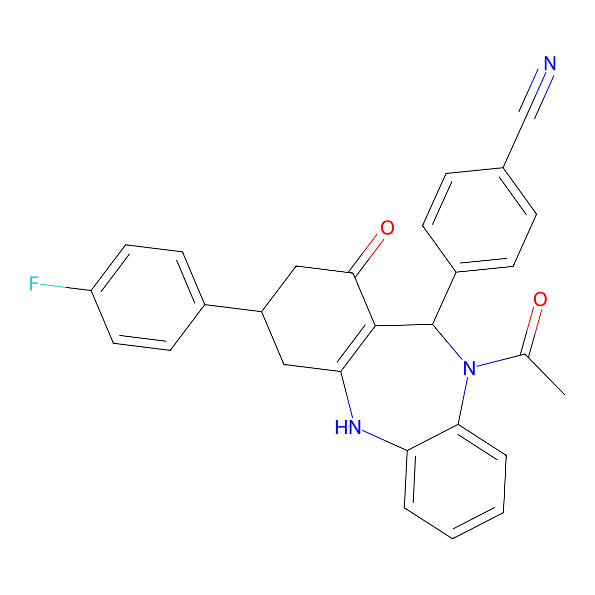 4-[10-acetyl-3-(4-fluorophenyl)-1-oxo-2,3,4,5,10,11-hexahydro-1H-dibenzo[b,e][1,4]diazepin-11-yl]benzonitrile molecular structure, CAS 523993-00-2