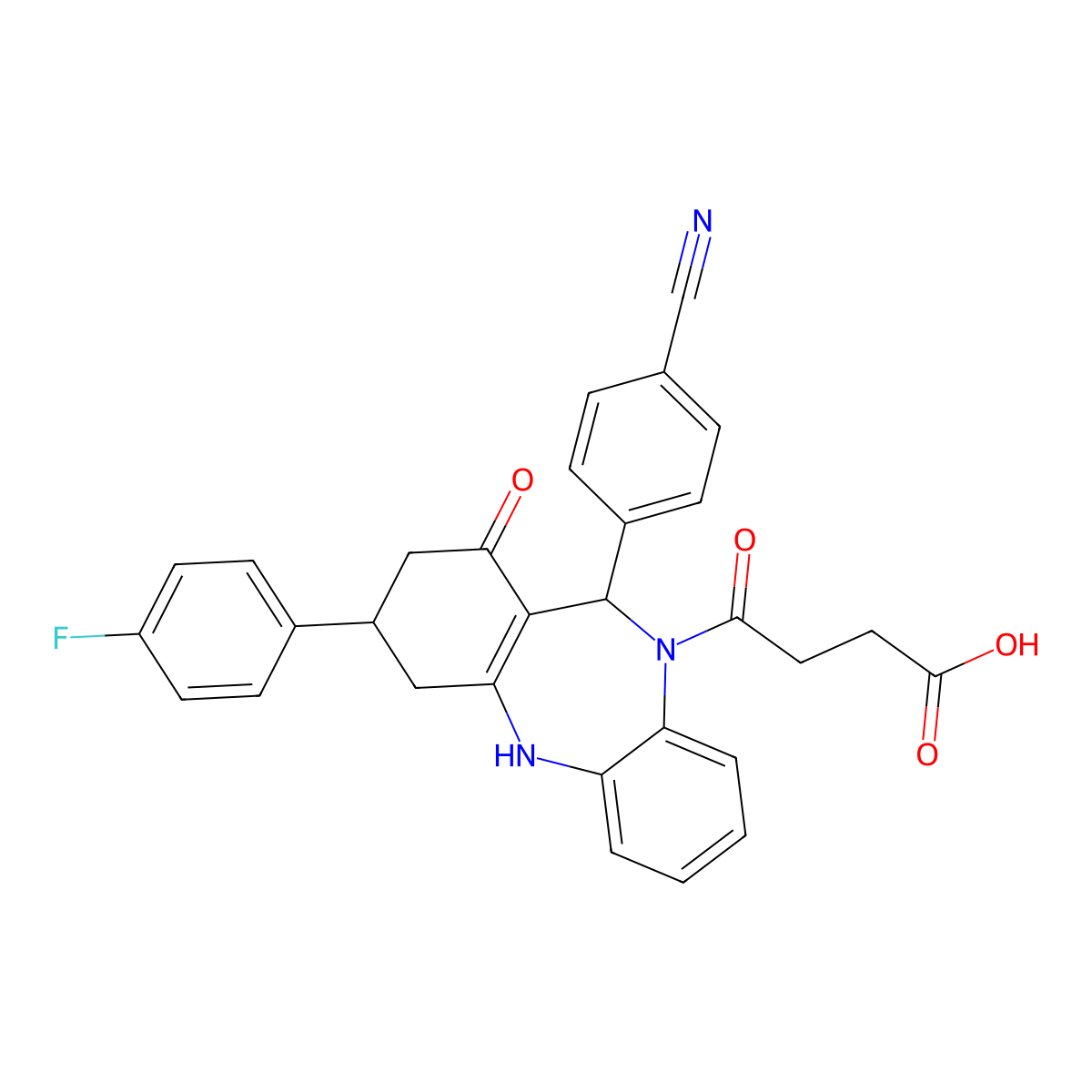 4-[11-(4-cyanophenyl)-3-(4-fluorophenyl)-1-oxo-1,2,3,4,5,11-hexahydro-10H-dibenzo[b,e][1,4]diazepin-10-yl]-4-oxobutanoic acid molecular structure, CAS 523993-02-4