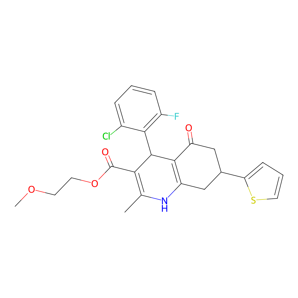 2-Methoxyethyl 4-(2-chloro-6-fluorophenyl)-2-methyl-5-oxo-7-(thiophen-2-yl)-1,4,5,6,7,8-hexahydroquinoline-3-carboxylate molecular structure, CAS 524000-17-7