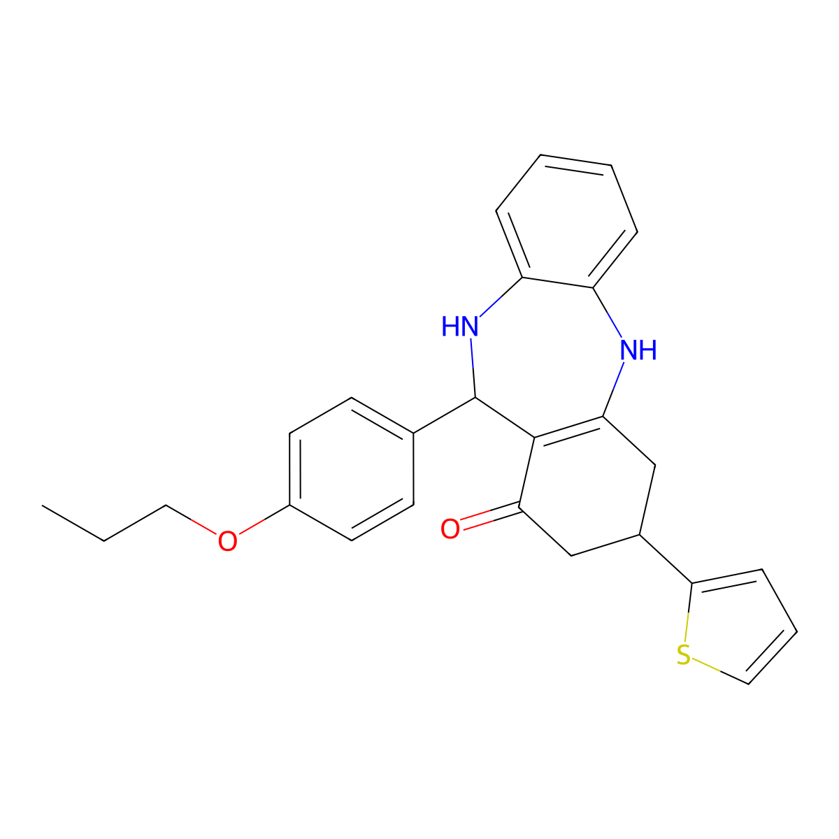 11-(4-propoxyphenyl)-3-(2-thienyl)-2,3,4,5,10,11-hexahydro-1H-dibenzo[b,e][1,4]diazepin-1-one molecular structure, CAS 524000-74-6